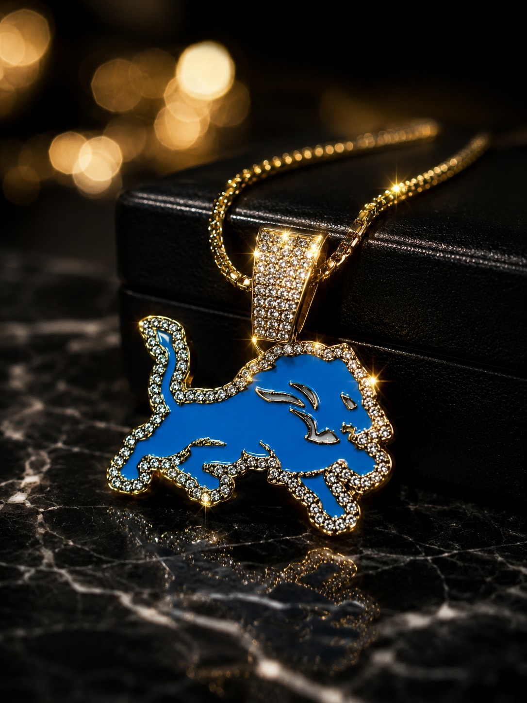 Blue Lion Football Fan Pendant Necklace Gold Tone Iced CZ Hip Hop Chain