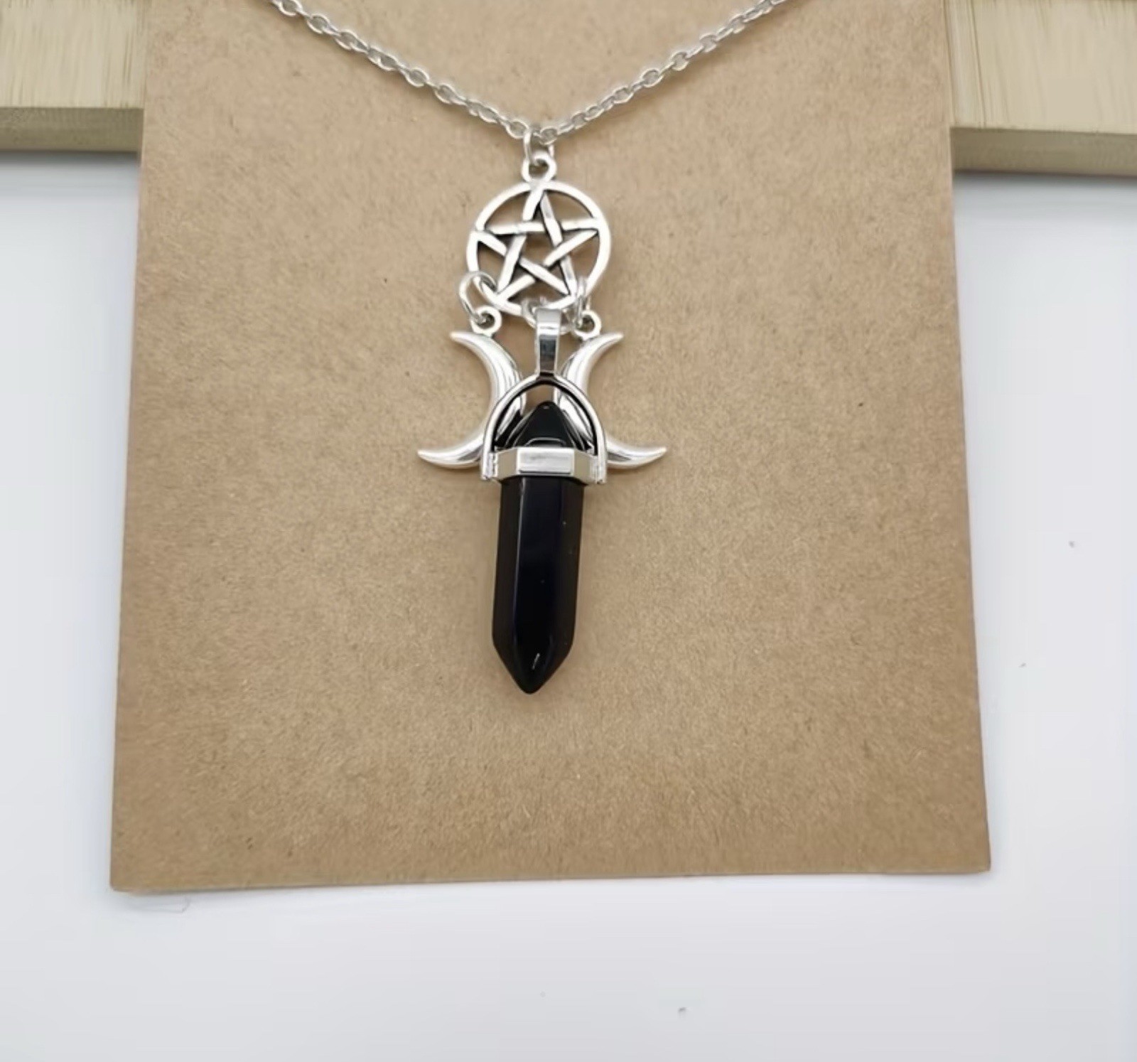 Authentic Onyx Crystal Pendant Necklace, Pentacle, Triple Moon Pendant