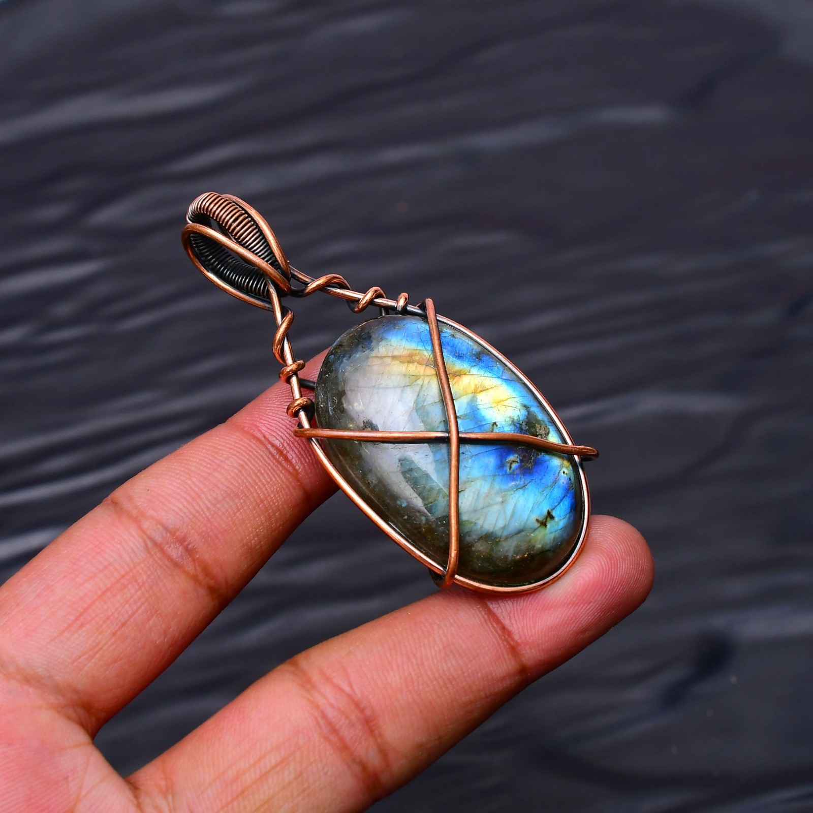 Labradorite Gemstone Copper Wire Wrapped Handmade Jewelry Pendant 2.48″