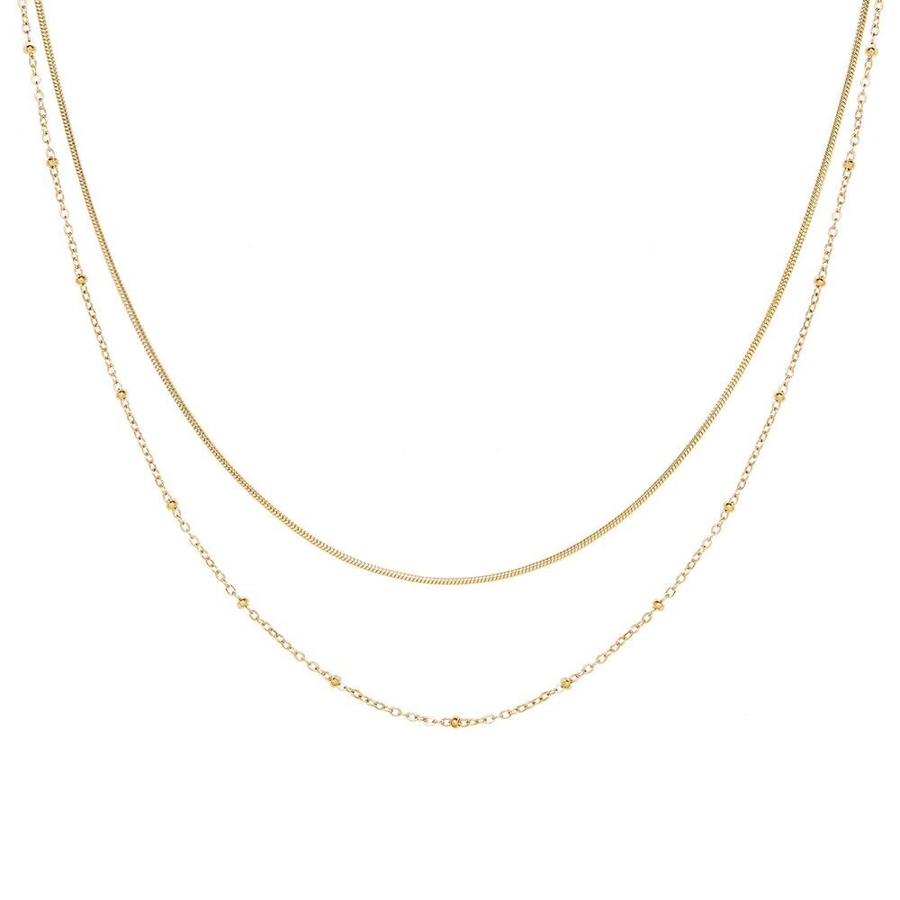 Woman 18K Gold Plated Stainless Steel 2 layers Beaded Snake Chain Necklace