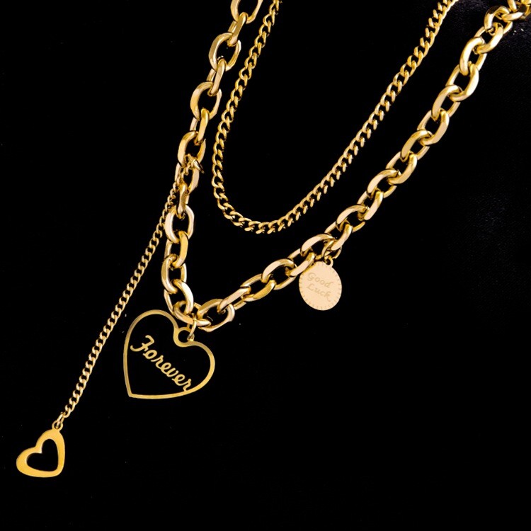 Woman 18K Gold Plated Stainless Steel 2 Layers Enamel Heart Charm Chain Necklace