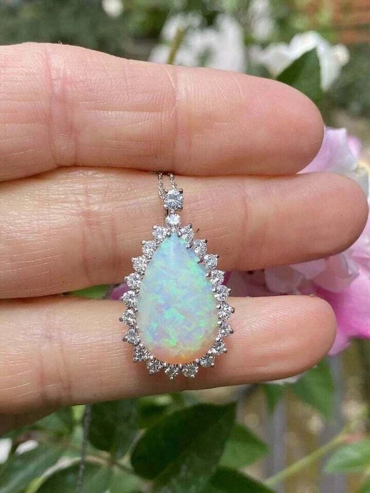 4Ct Pear Cut Fire Opal Diamond Halo Women Pendent 14K White Gold Plated