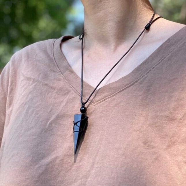 Natural Black Tourmaline Point Crystal Pendant Healing Necklace for Women Men