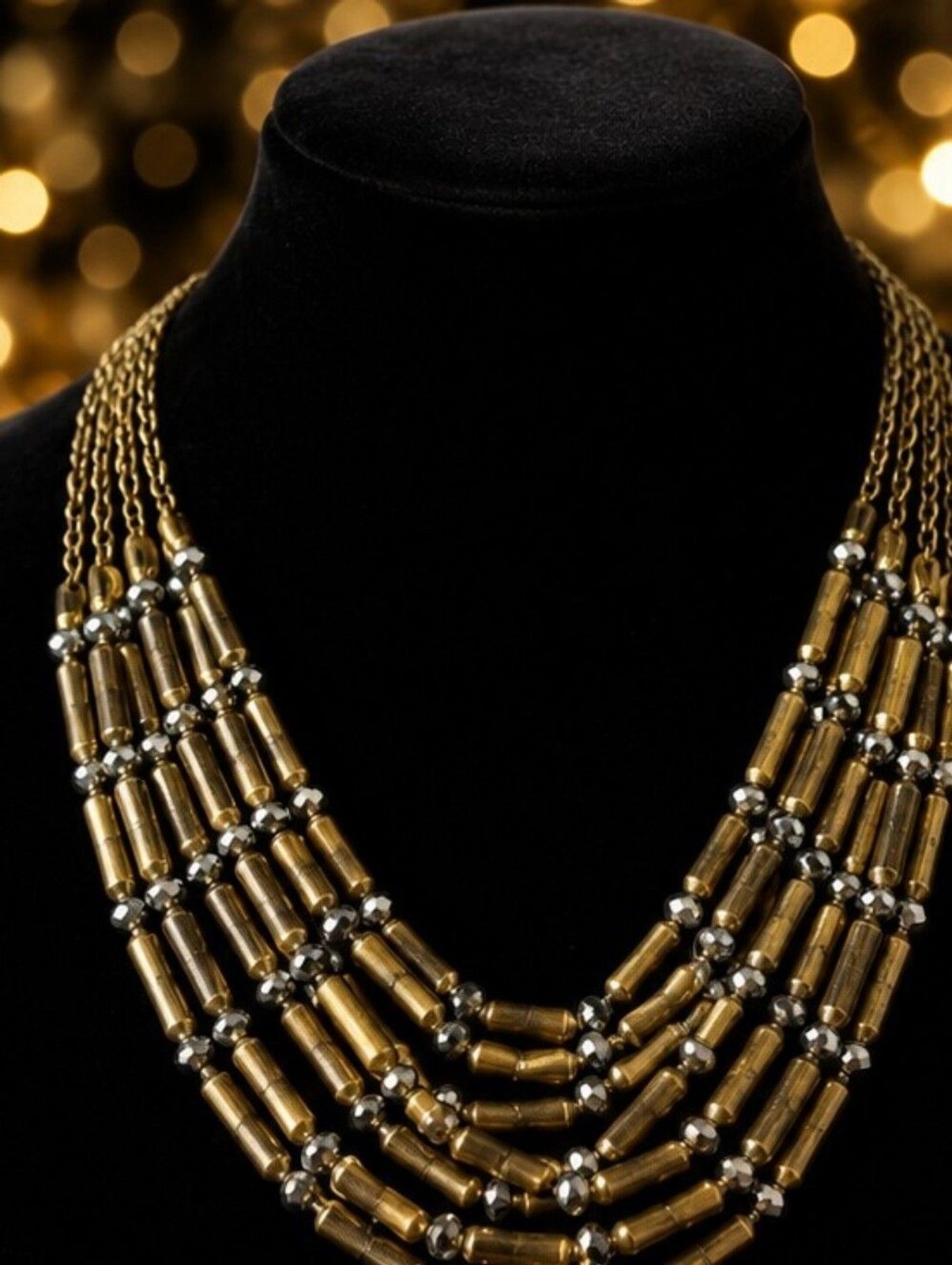 Chicos 10 Strand Statement Necklace Bronze Hematite Multi Layered Industrial
