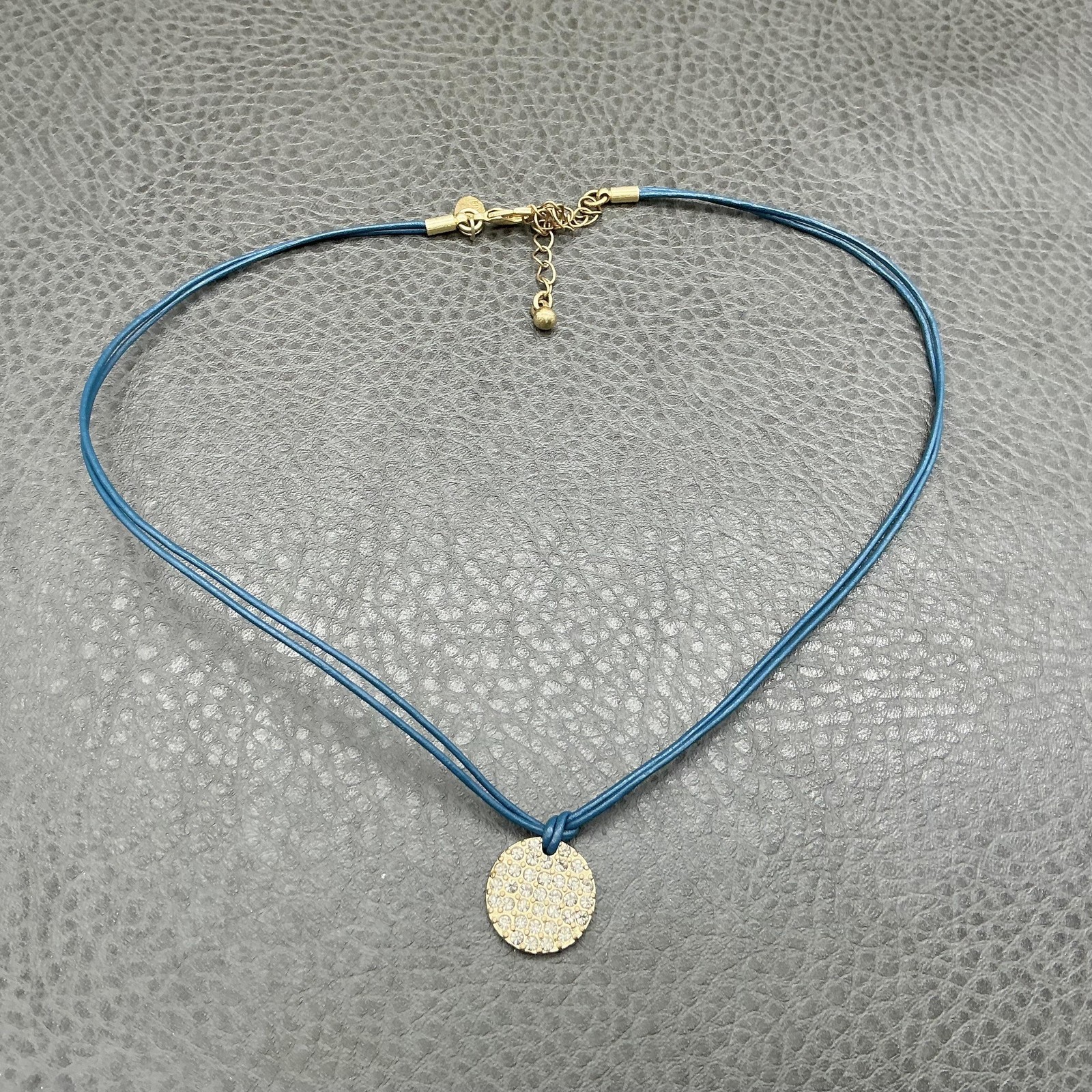 Lia Sophia Necklace Blue Faux Leather Crystal Disc Pendant Choker 16 In Womens