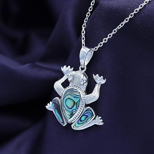 Abalone Shell Stone Animals Pendant 18″ Necklace 14K White Gold Plated Silver