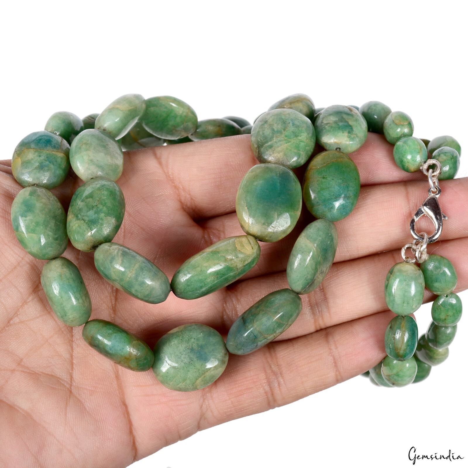 Natural Green Emerald Gemstone Smooth Beads 870Ct 22″ 2 Line Oval Beads Necklace