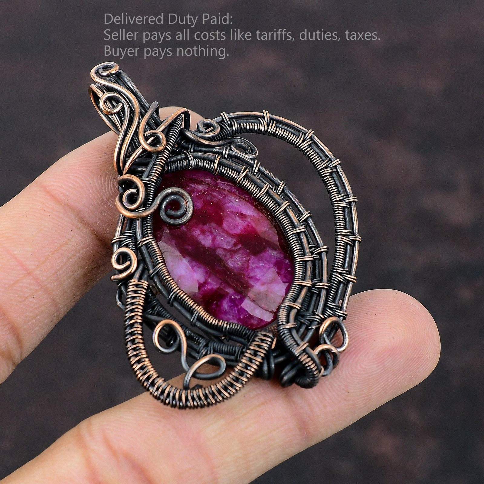 Faceted Kashmir Rubi Stone Engagement Mother Wire Wrapped Pendant Jewelry Copper