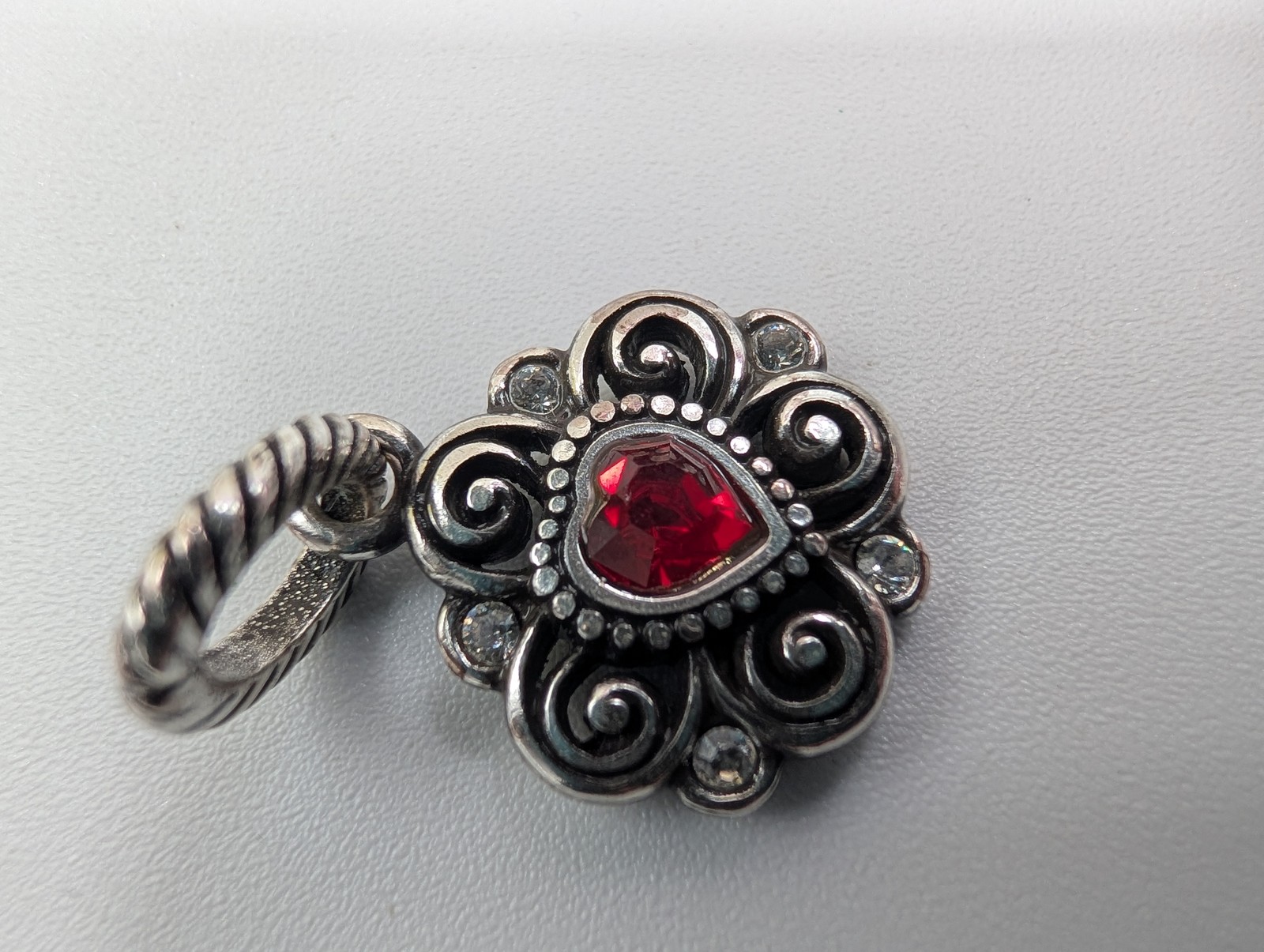 Brighton Silver Tone Red Heart Pendant Charm Scrollwork Clear Stones