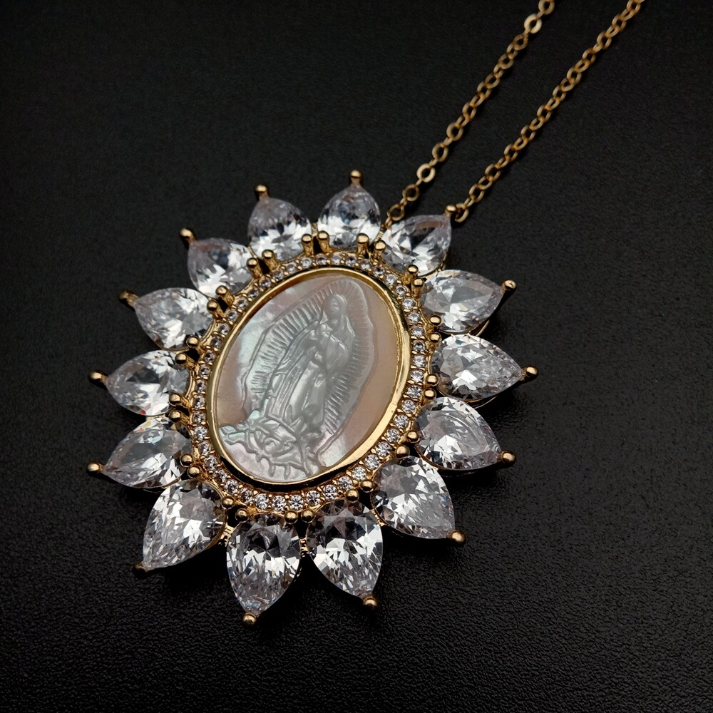 17.5″ White Shell Virgin Mary Clear CZ Micro Pave Oval Shape Pendant Necklace