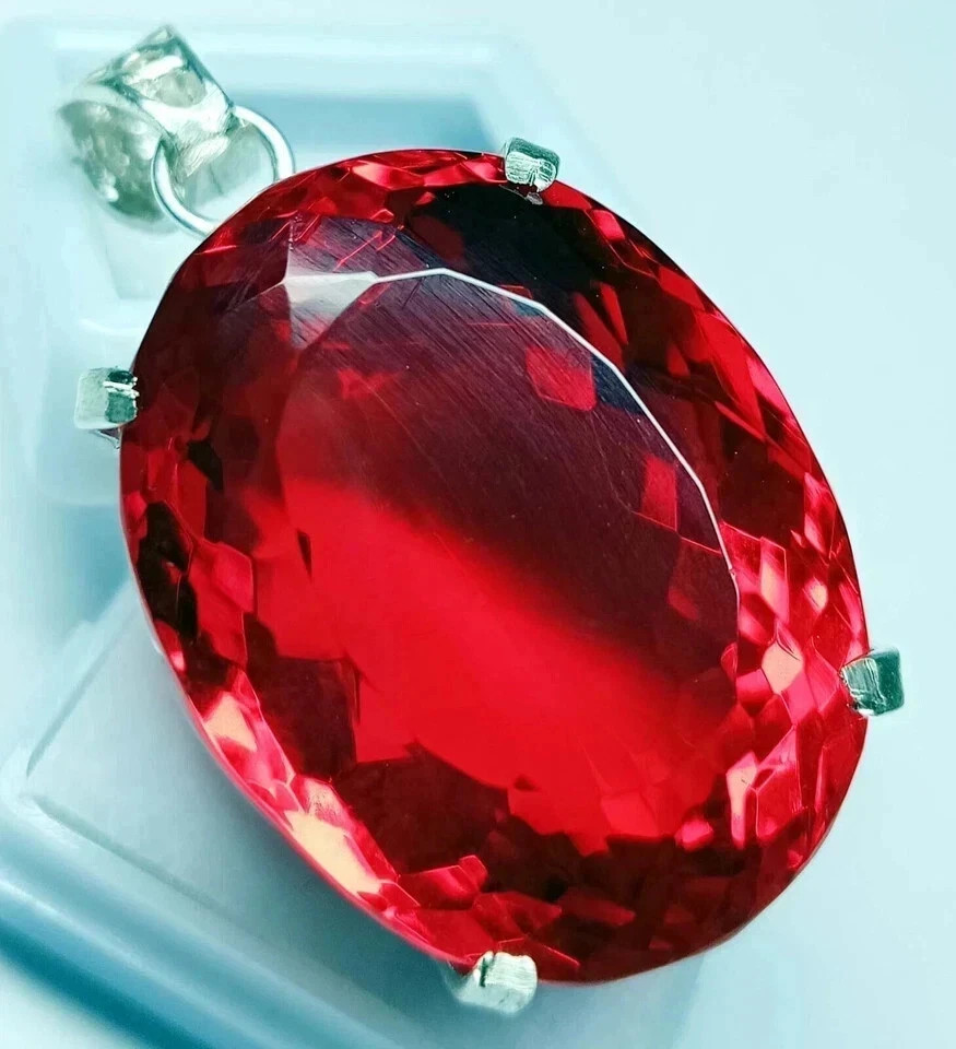 90 CT+ Flawless Blood Red Topaz Pendant 925 Sterling Silver Plated Jewelry