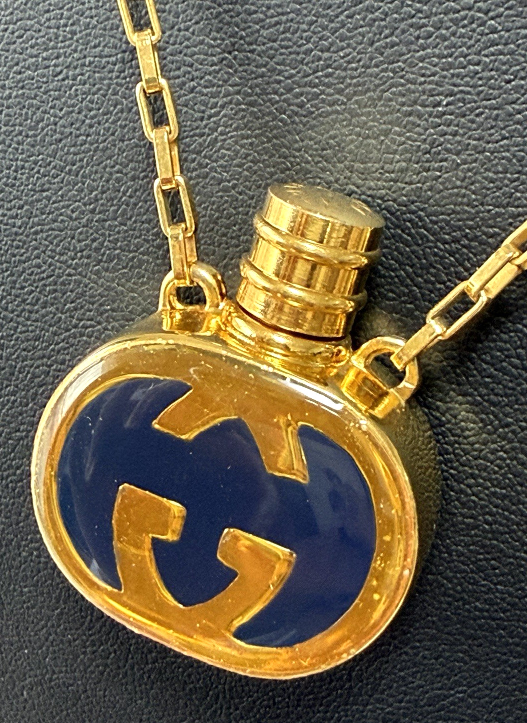 Vintage Gucci Navy Enamel GG Perfume Bottle Motif Necklace Pendant Gold-tone