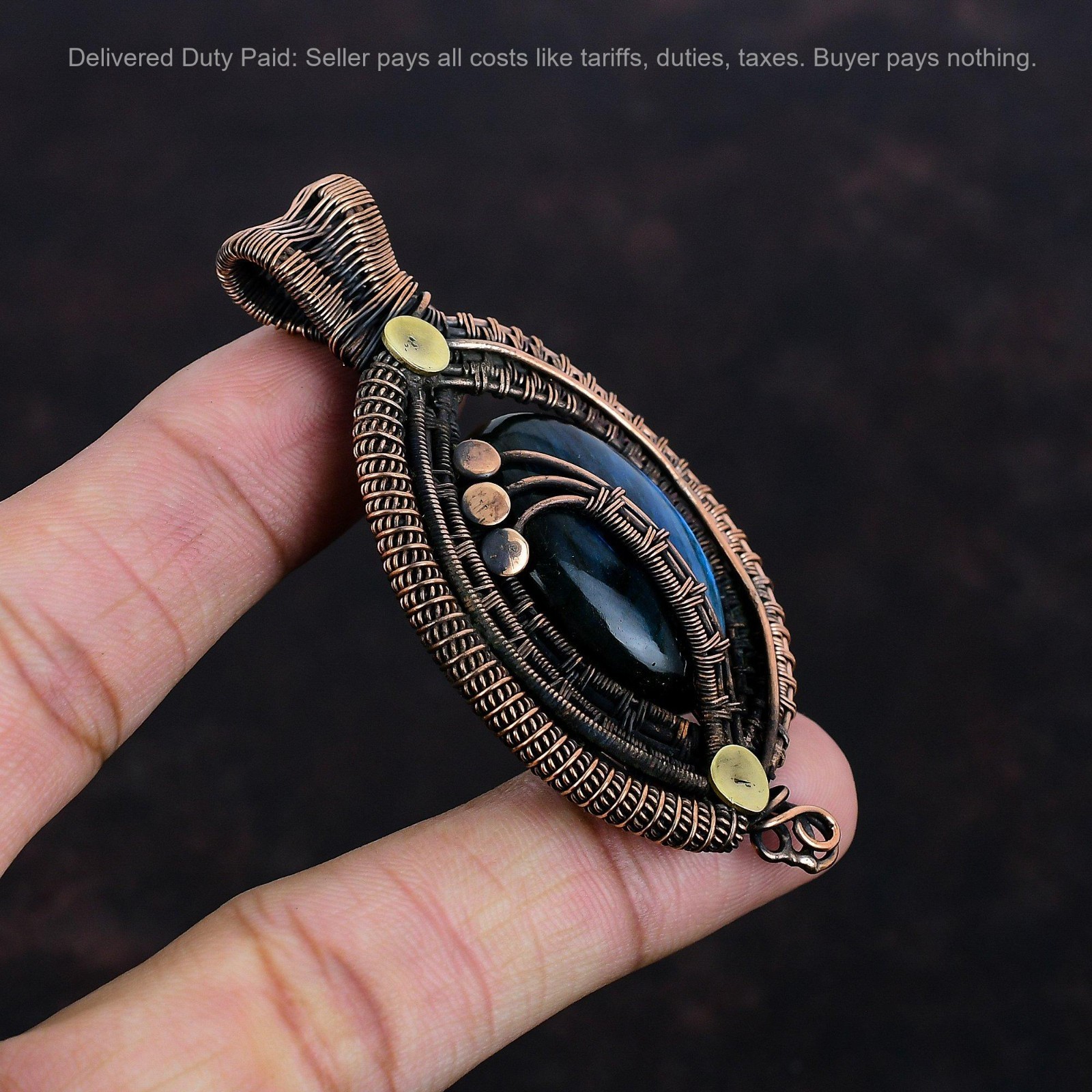 Labradorite Stone Copper Sister Wire Wrapped Birthday Third Eye Chakra Pendant