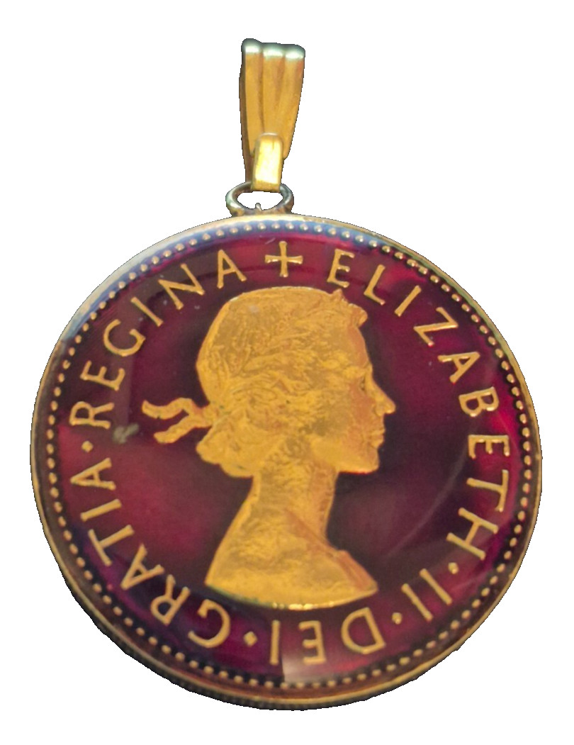 1965 Gold Toned Bezel Red Enamel Sixpence Love Token Queen Elizabeth II No Chain
