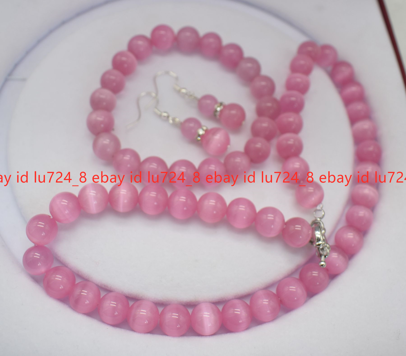 10mm Pink Opal Cat’s Eye Round Gemstone Beads Necklace Bracelet Earring Set 18″