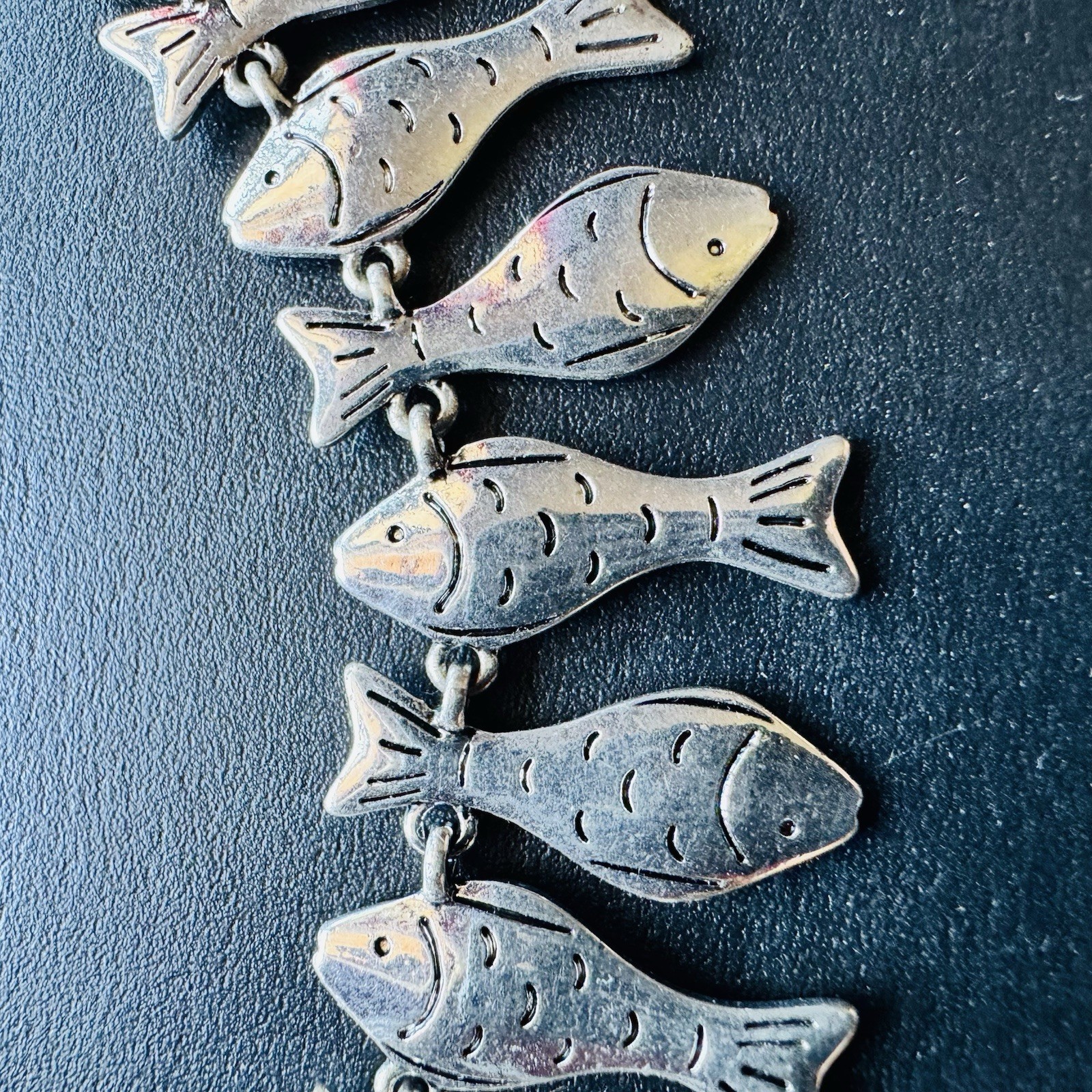 Vintage Style Silver Tone Fish School Charm Collar Necklace Coastal Nautical Fun