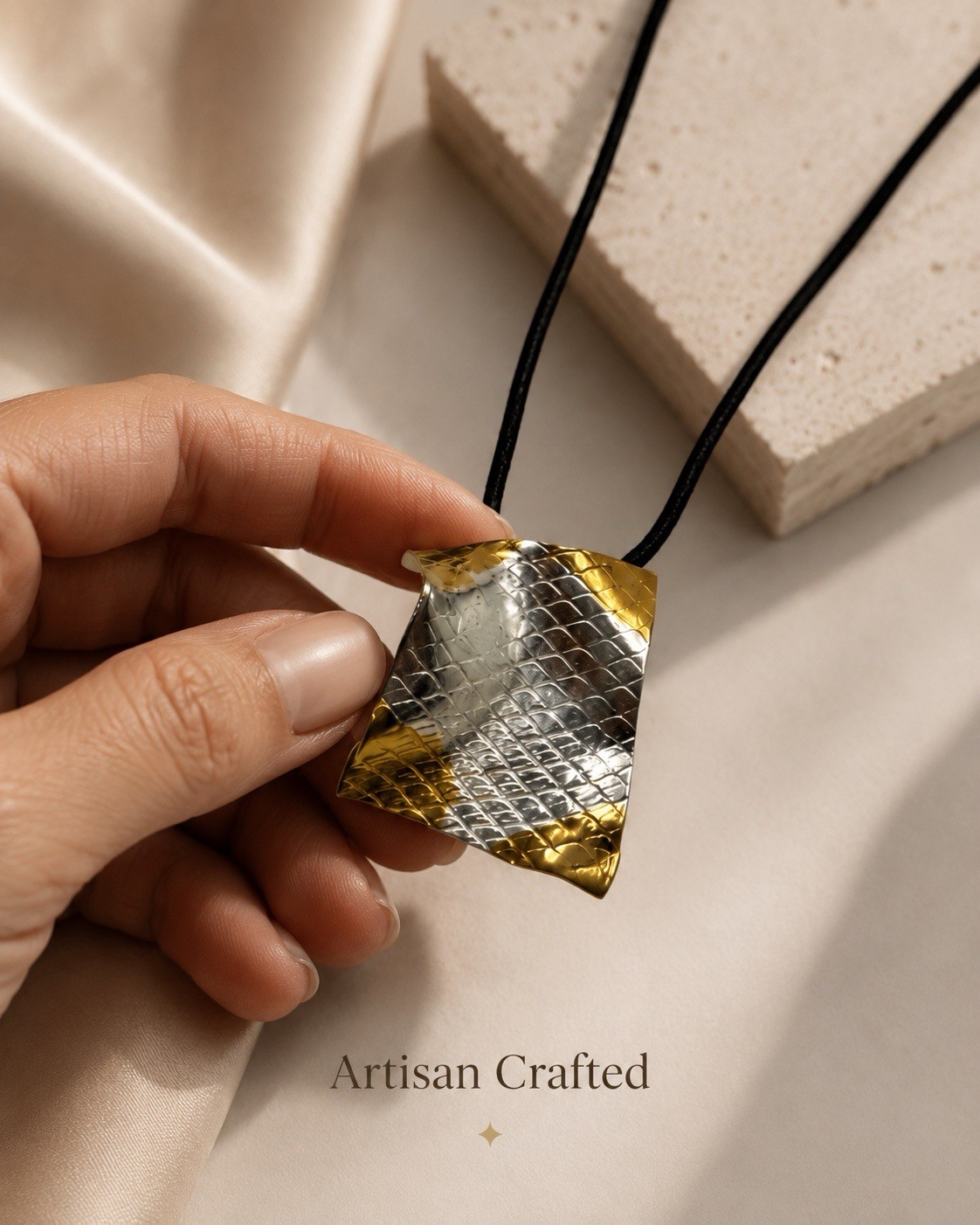 Two-Tone Textured Brass Asymmetrical Amulet Pendant Necklace Adjustable Cord