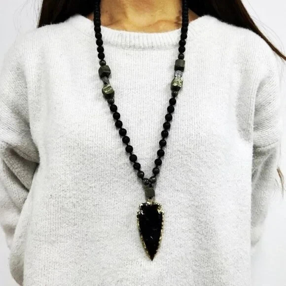 Lava Obsidian Mala Healing Amulet Protection Unisex Pendant Necklace