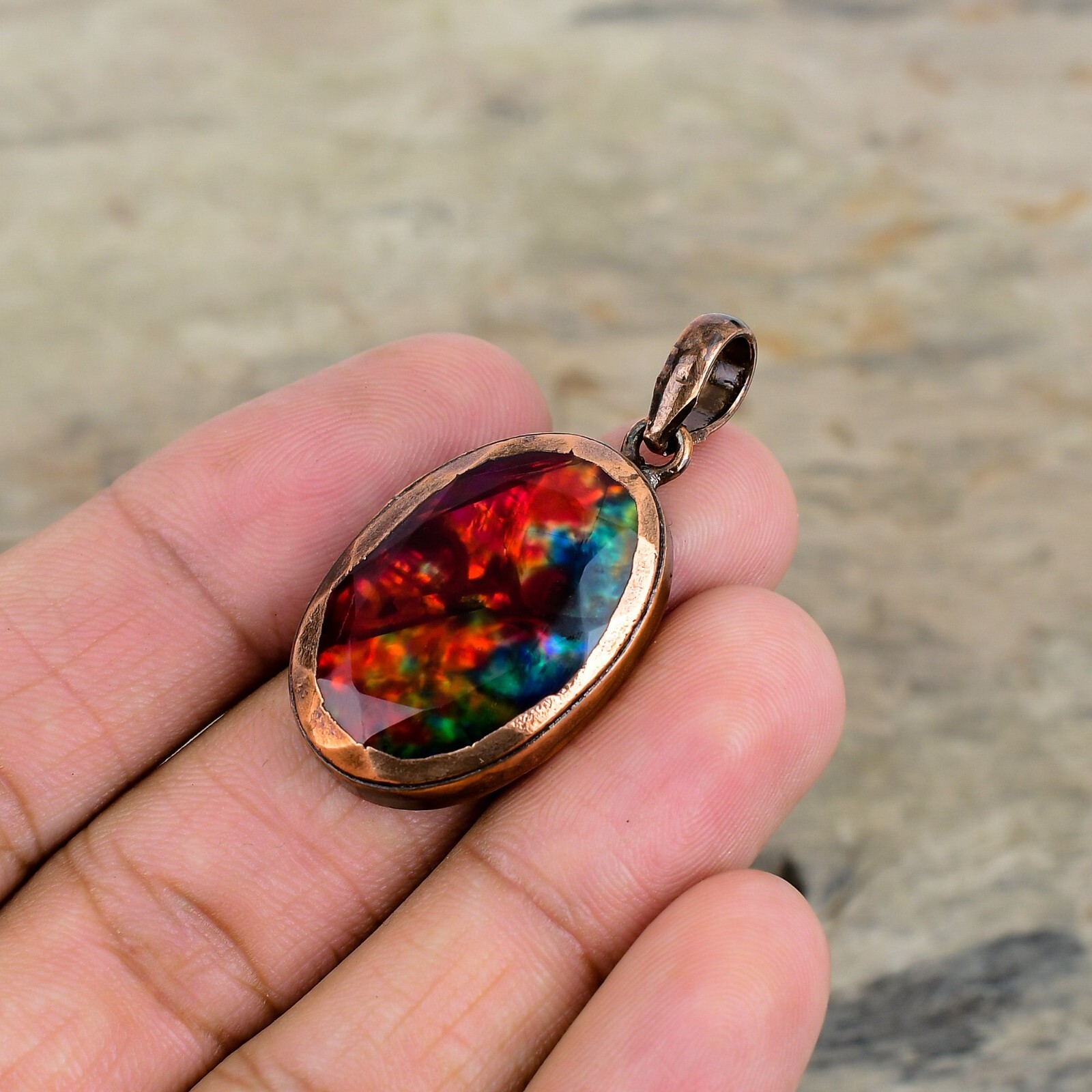 Ammolite Gemstone Jewelry Copper Mother Gift Electroformed Pendant 1.77″