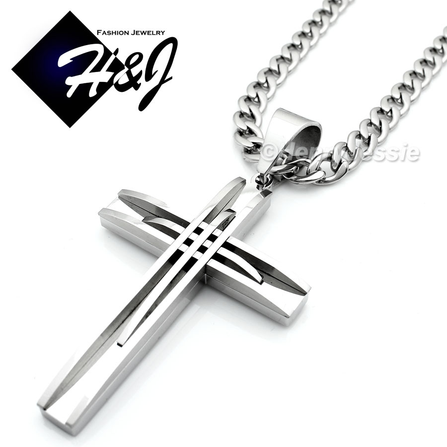 18-40″MEN’s Stainless Steel 6mm Silver Cuban Curb Chain Necklace Cross Pendant*A