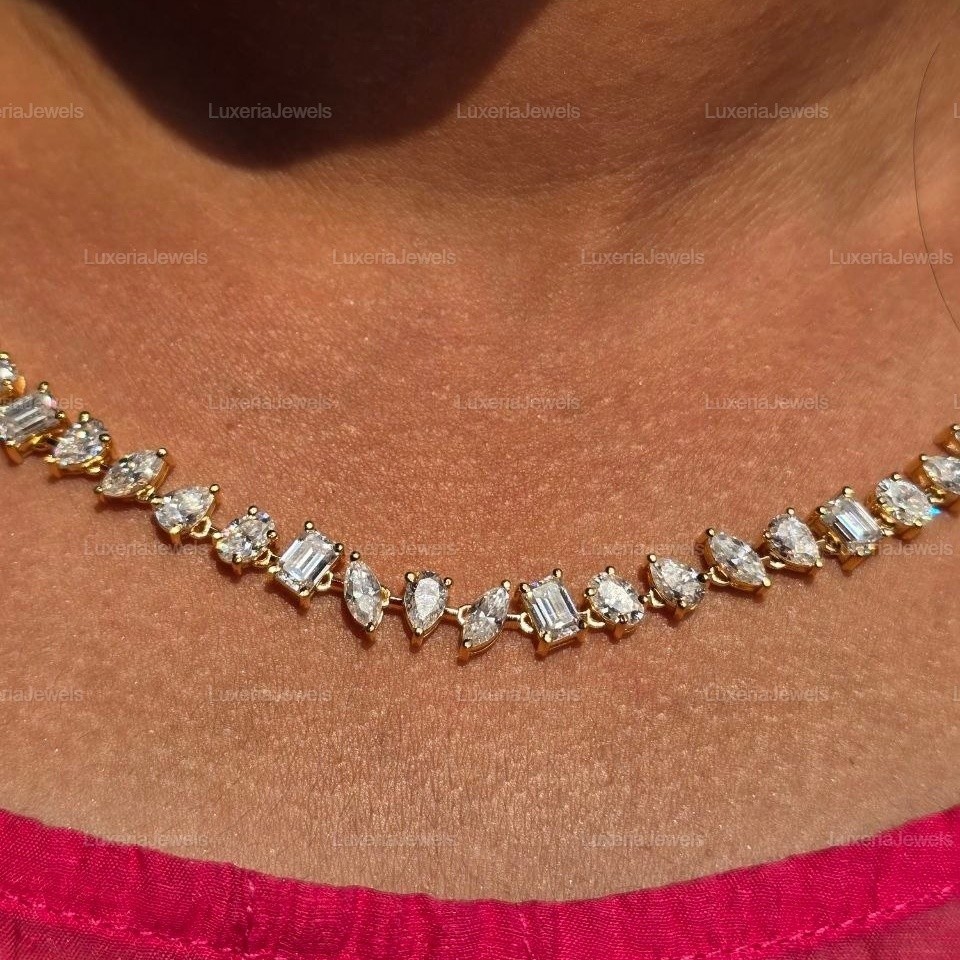 32TCW Mix Shape Moissanite Necklace, Statement Necklace, Bridal Necklace, Gift