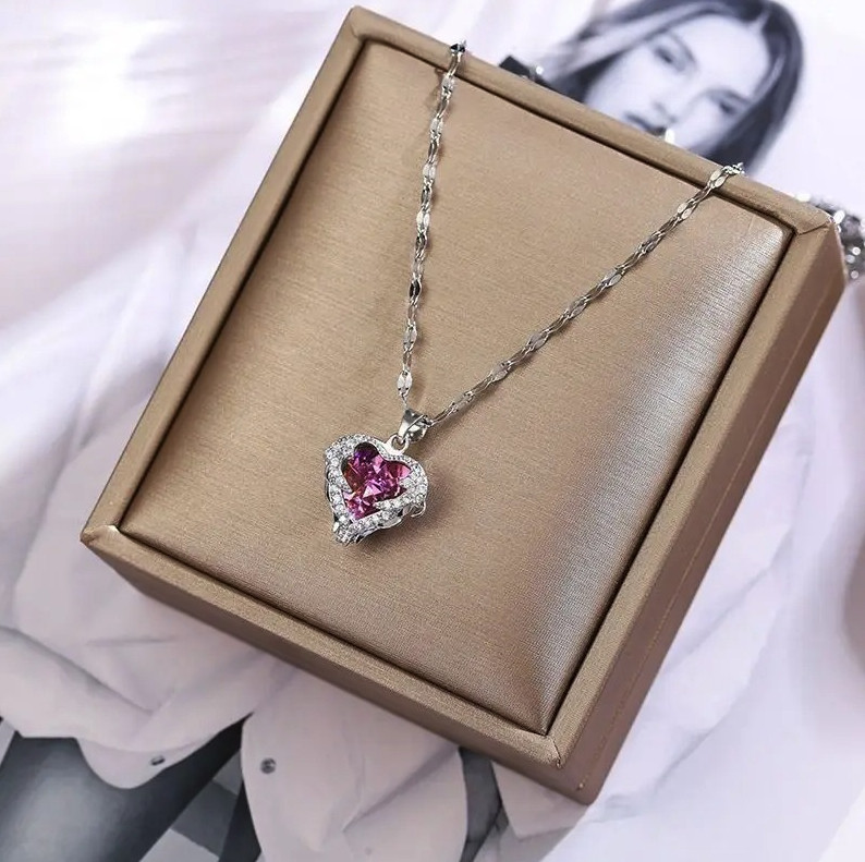 1pc Colorful Crystal Ocean Heart Necklace Women Stainless Steel Chain – NEW