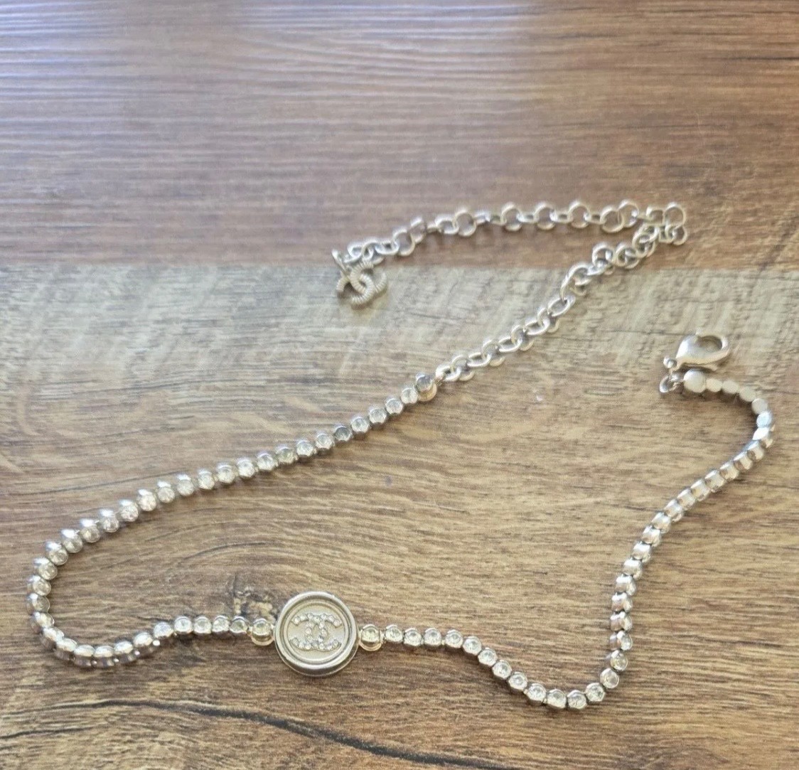 CHANEL Vintage CC Logo Crystal Rhinestone Chain Necklace Gold Tone Necklace Auth