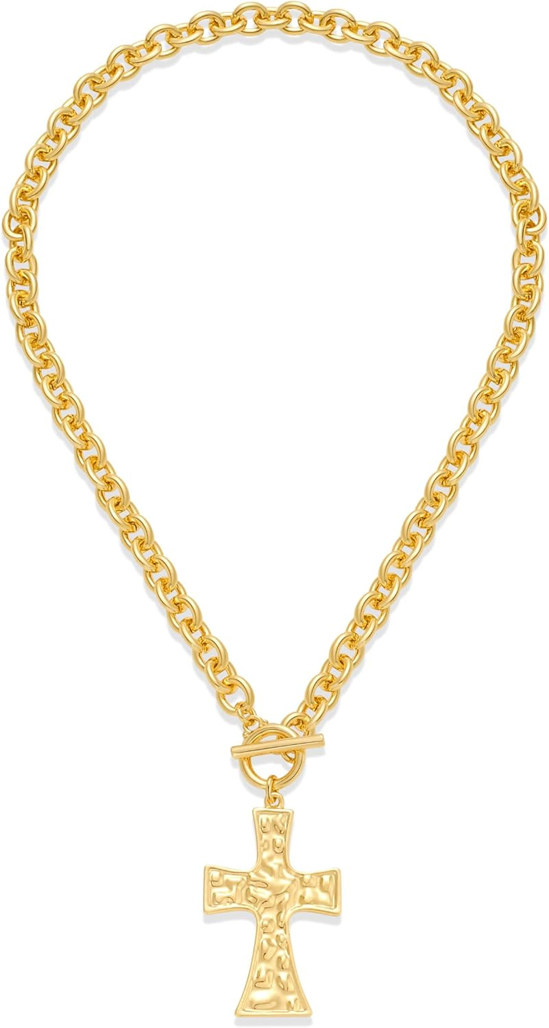 Statement Gold Necklace for Women, 14K Plated Pendant with Vintage Toggle Clasp,