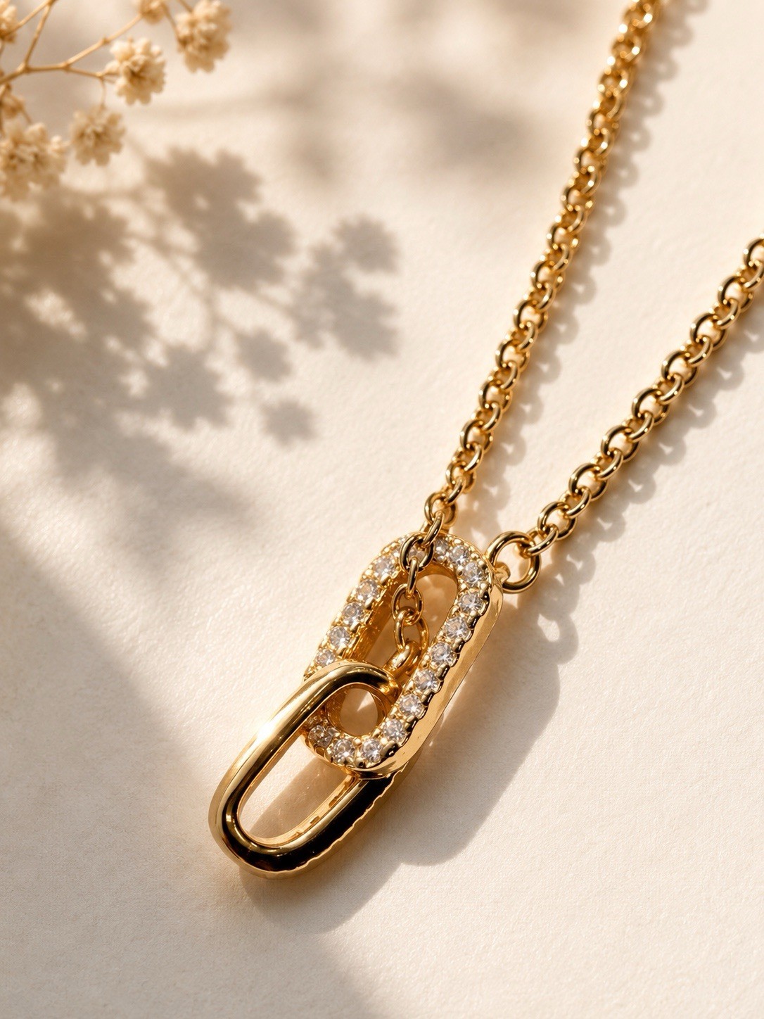 Gold Plated Cable Chain Necklace Asymmetrical Pavé White Crystal Charm Adjust