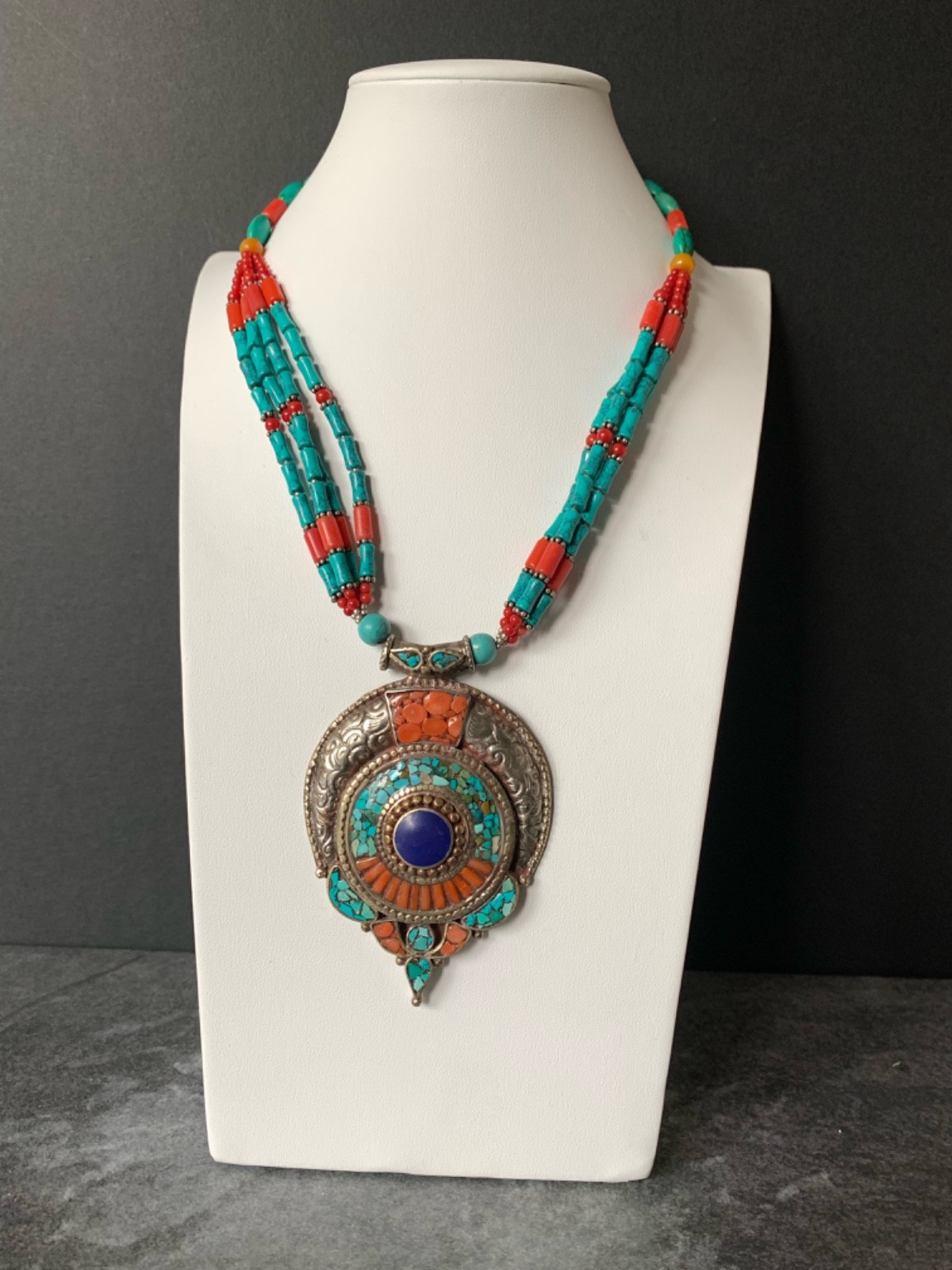 Traditional Tibetan Silver Turquoise, Coral, Lapis Amulet 18″ Necklace 61