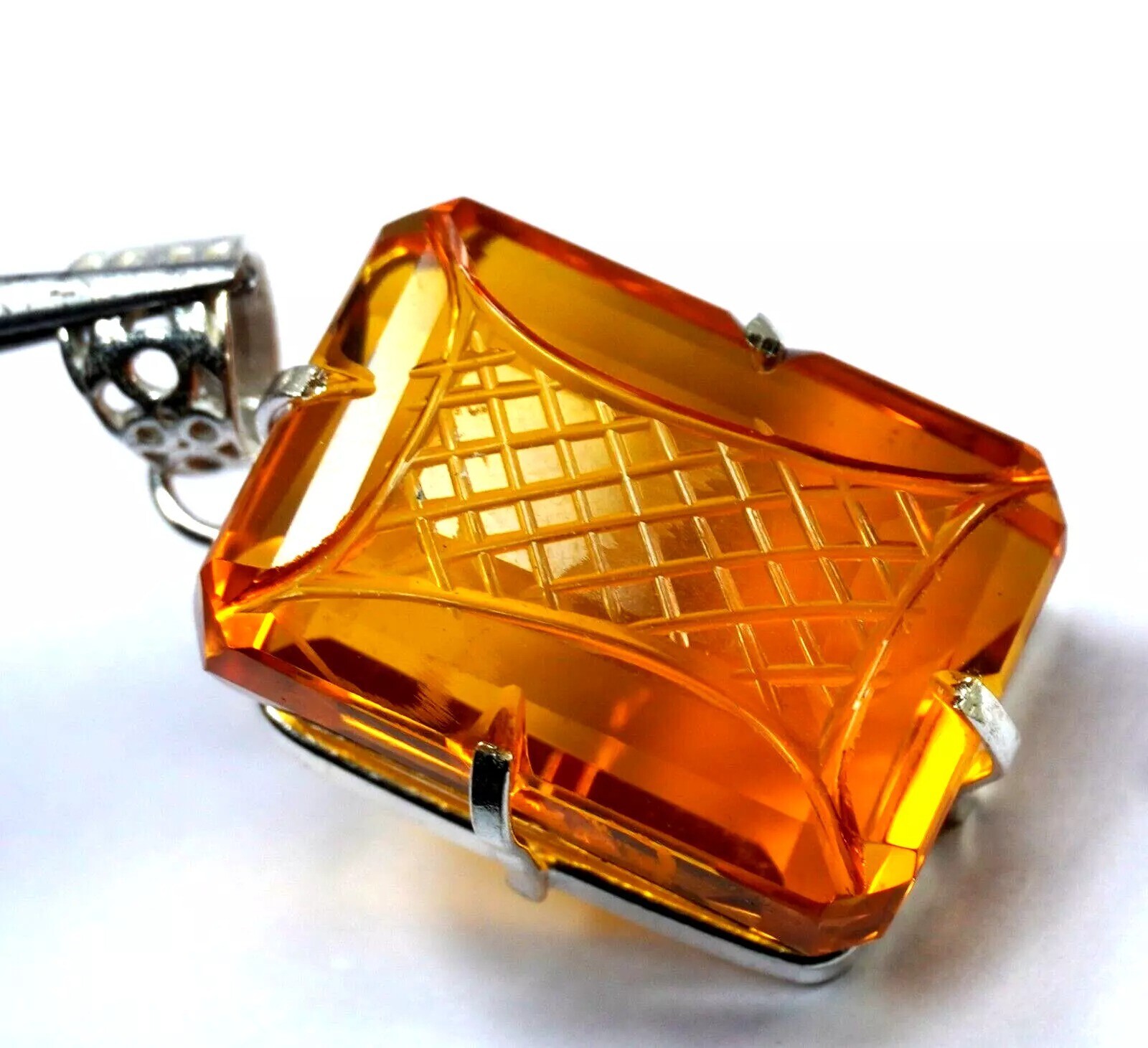 Emerald Cut 94 Ct Natural Carving Citrine 925 Solid Sterling Silver Pendant Gem