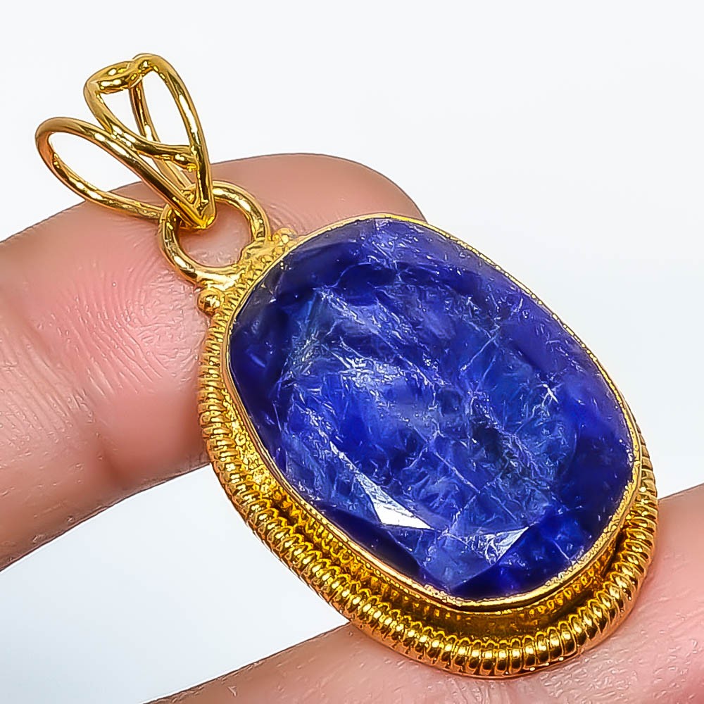 Blue Sapphire (Lab-Created) Silver Gold Plated Pendant 1.76″ P7622-97