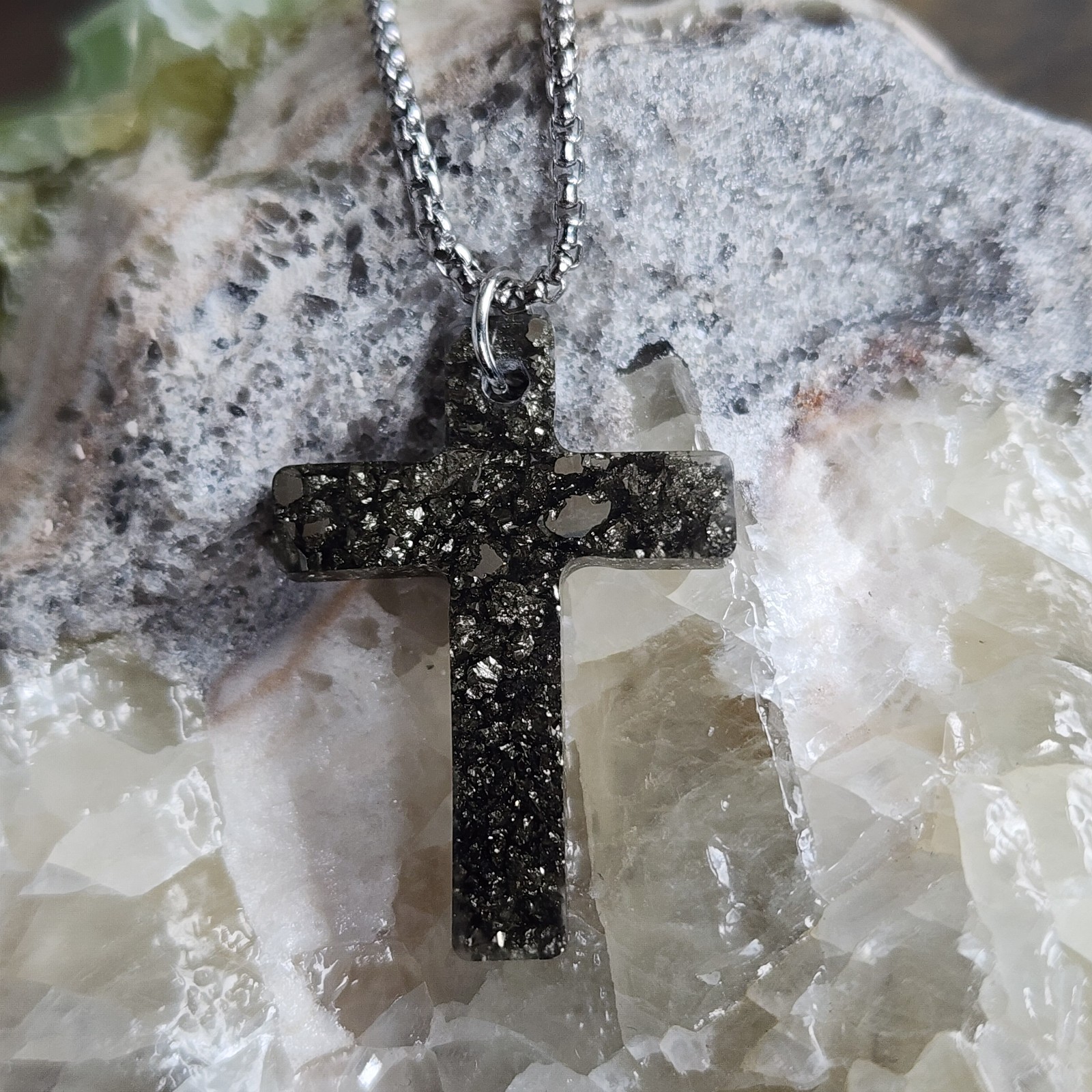 Handmade Pyrite Cross Pendant Necklace Resin Cross 50cm Stainless Steel Chain