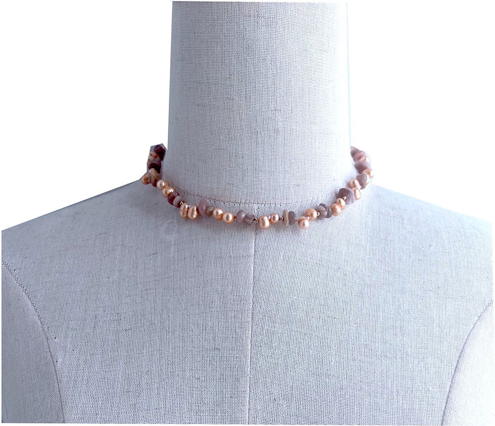5-8mm chip orange sunstone 6-7mm oval freshwater pearl necklace 15″1/2-17″1/2