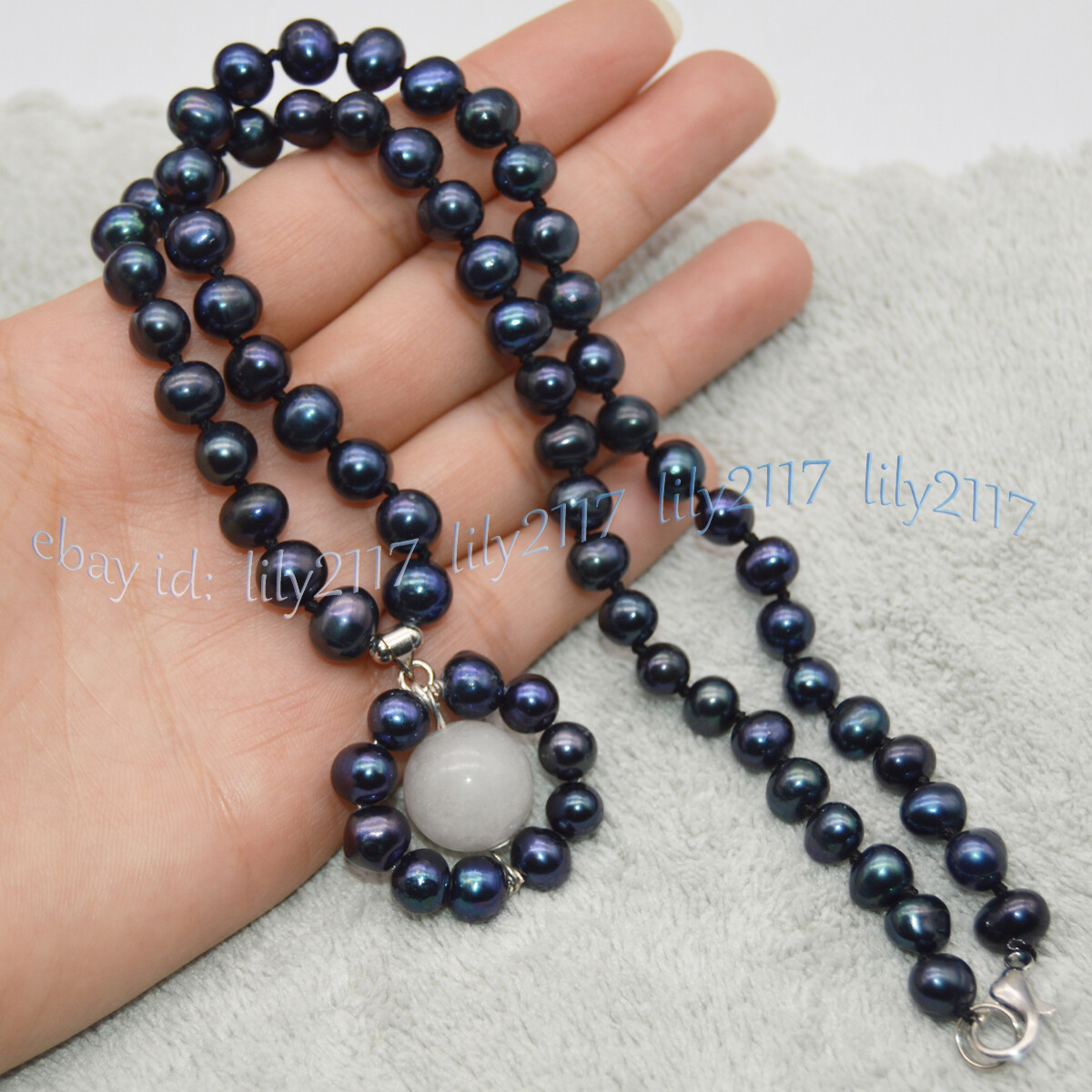 Natural 6-7mm Black Freshwater Pearl Round White Jade Gems Pendant Necklace 18”