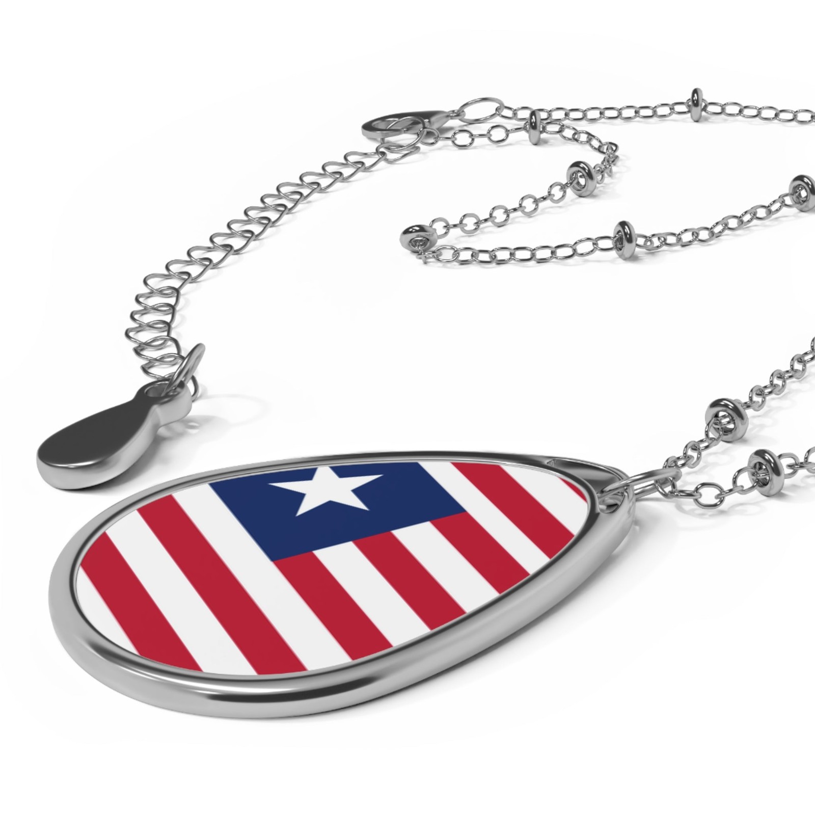 Liberia Flag Oval Necklace – Liberian Heritage Pendant – One Size / Silver