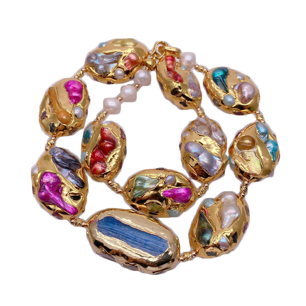 Multi Color Shell Pearl Blue Kyanite Choker Necklace