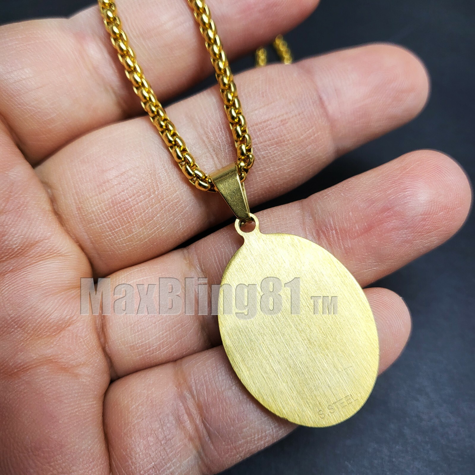 Stainless Steel Oval Allah muslim CZ Pendant & 4mm 24″ Round Box Chain Necklace