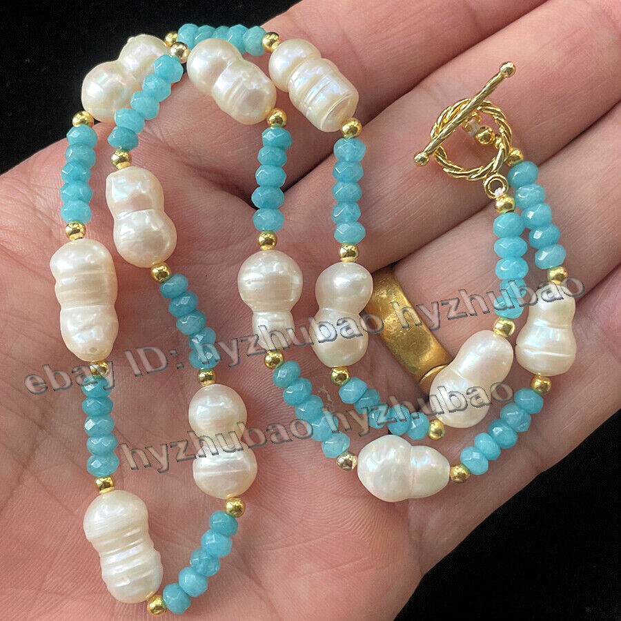 14-28″2x4mm Faceted Roundel Aquamarine Gems 10x15mm White Baroque Pearl Necklace