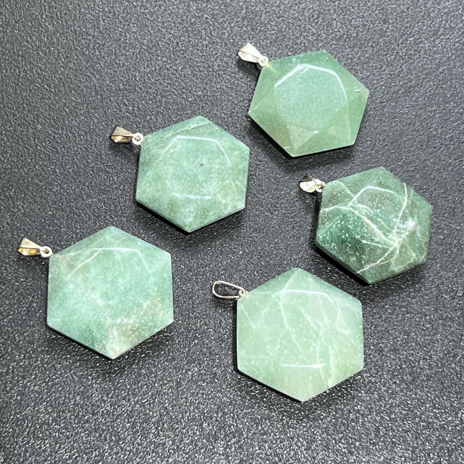 Green Aventurine Hexagon Faceted Crystal Pendant (Silver Bail) Jewelry Beads