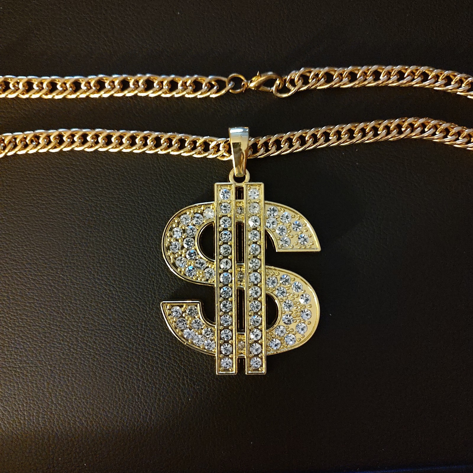Gold Tone Metal Clear Colorless Rhinestones Dollar Sign Pendant Necklace Hip Hop