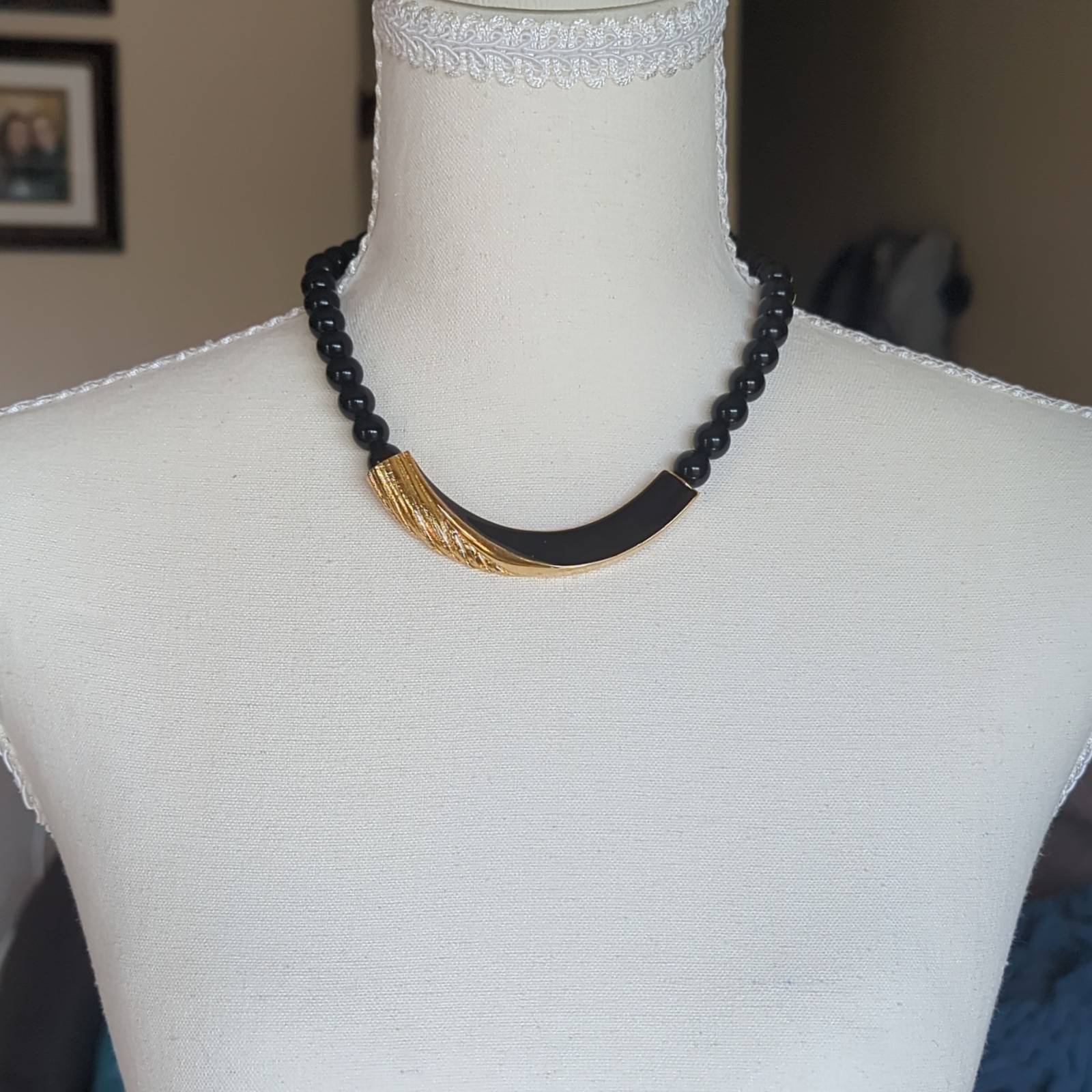 VintageTl Trifari Signed Black Plastic Beaded Statement Necklace Gold Tone Bar