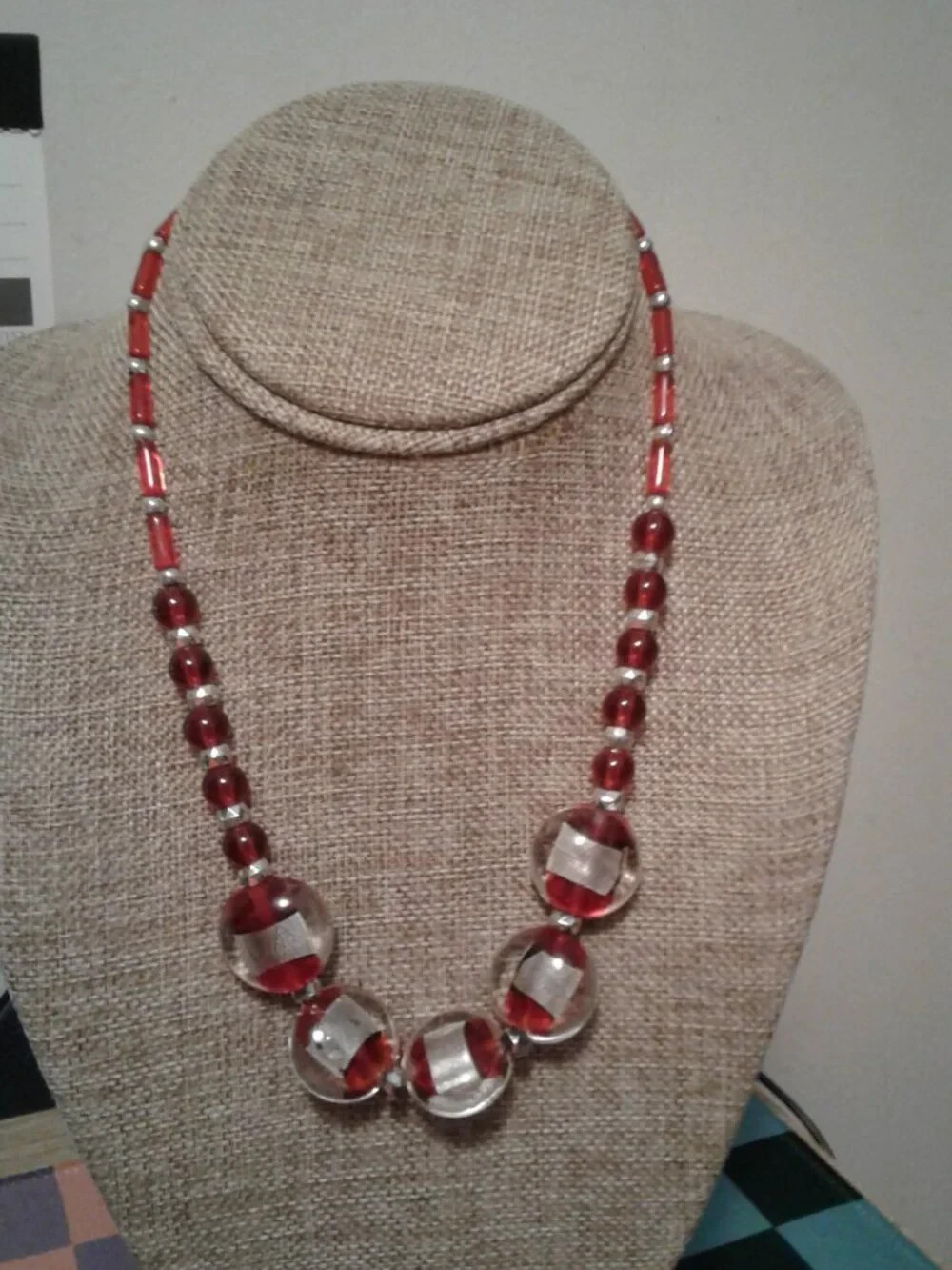 Red/Silver Dichroic Glass Disc Beads Choker Necklace 18″ Long