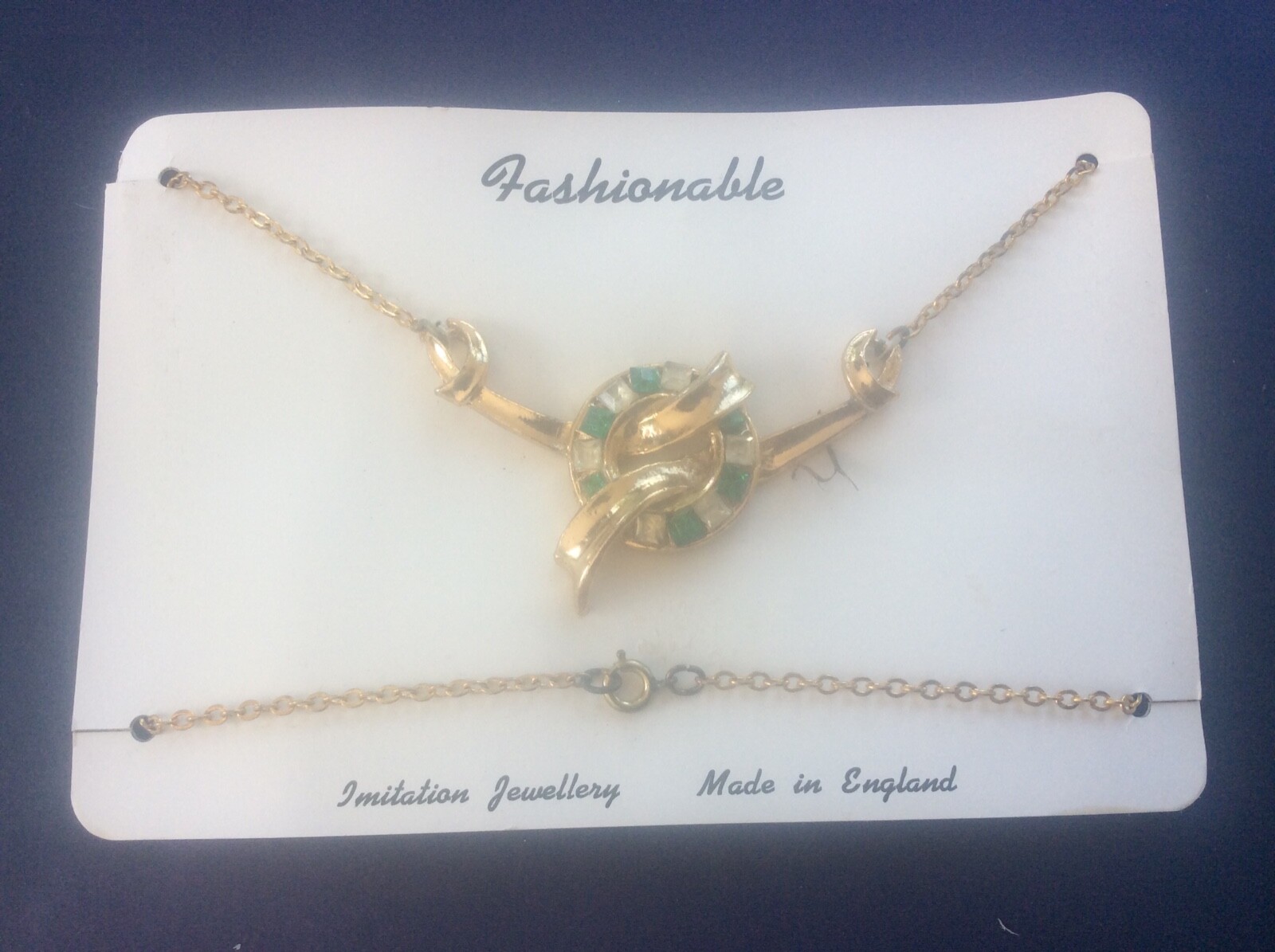 Vintage 1960s 1970s Necklace Imitation Faux Emerald & Diamond 18 “ Bling Retro 1