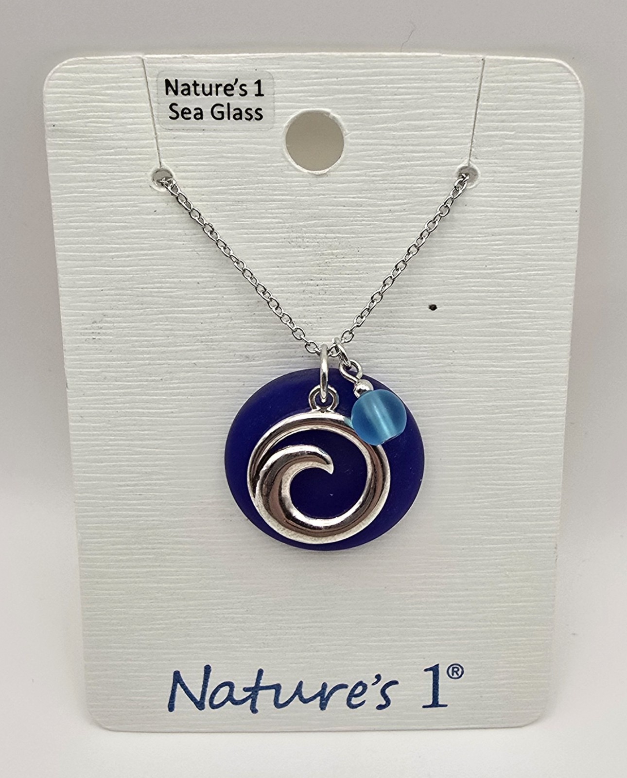 Nature’s 1 Sea Glass Wave Pendant Necklace Blue Silver Tone SGP224 NWT -3440
