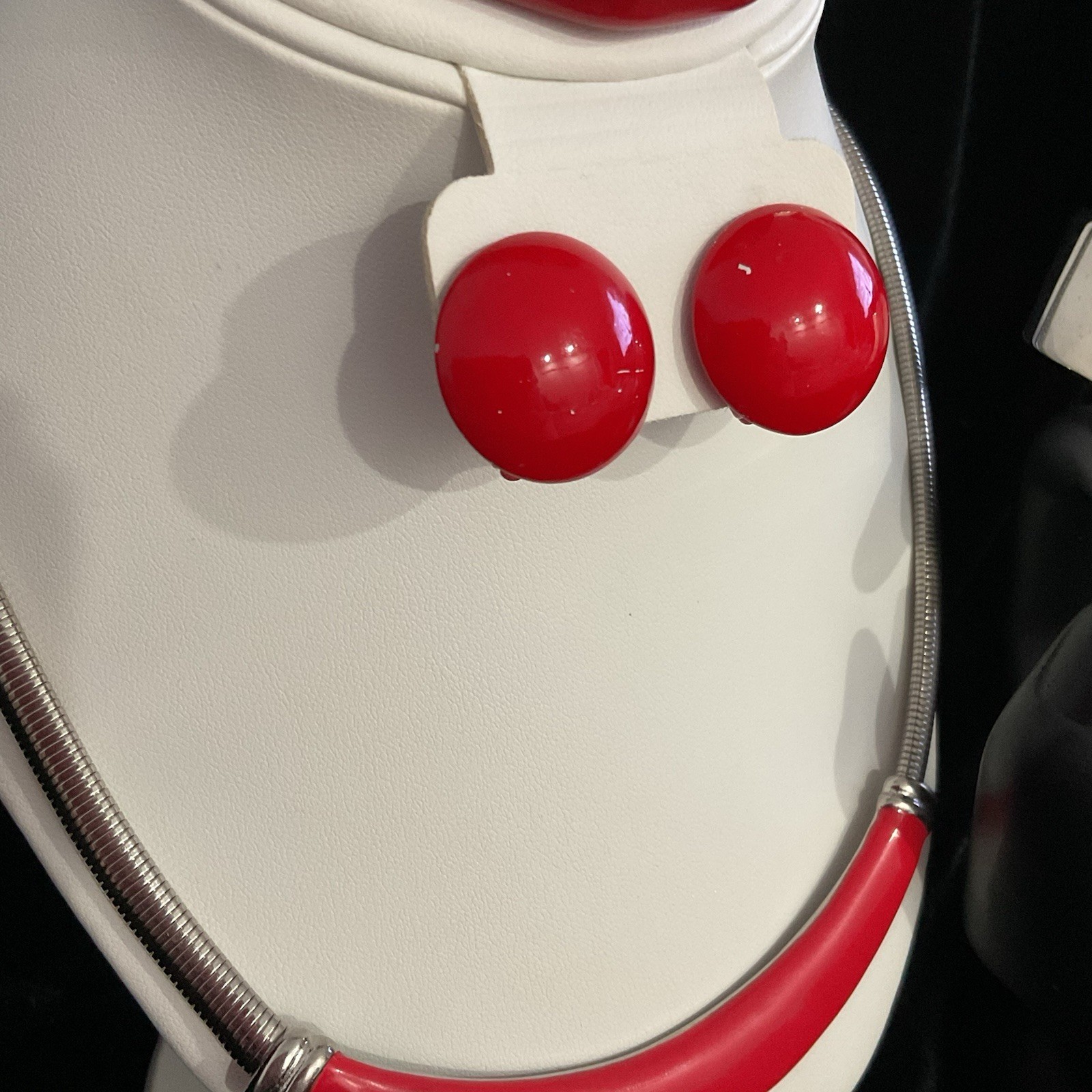 Costume 80S Retro, Red And Silver Jewelry Set Necklace, Earrings Brac Vintage ￼
