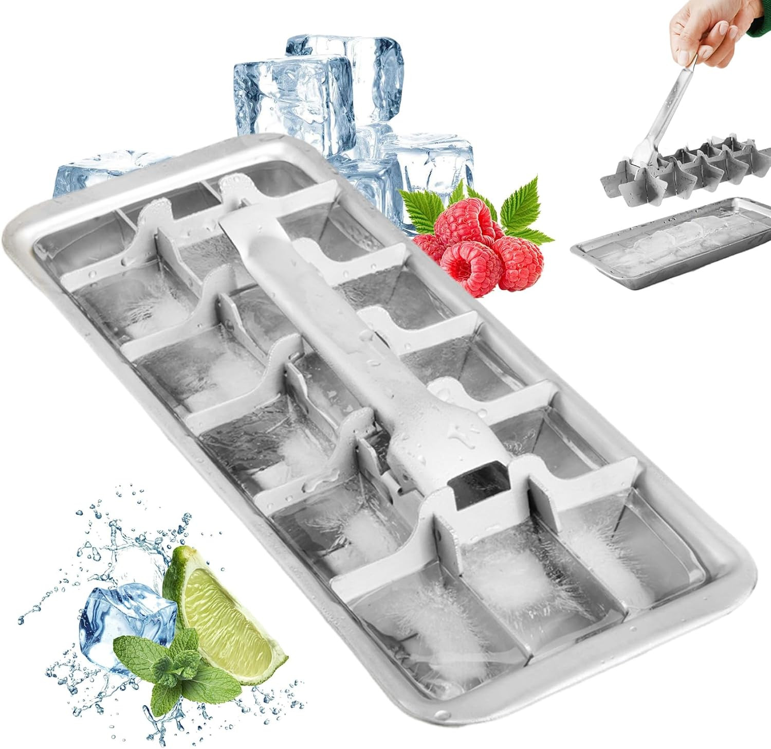 Stainless Steel & Metal Ice Cube Trays with Handle 18-Slot Small Ice Cube Mold