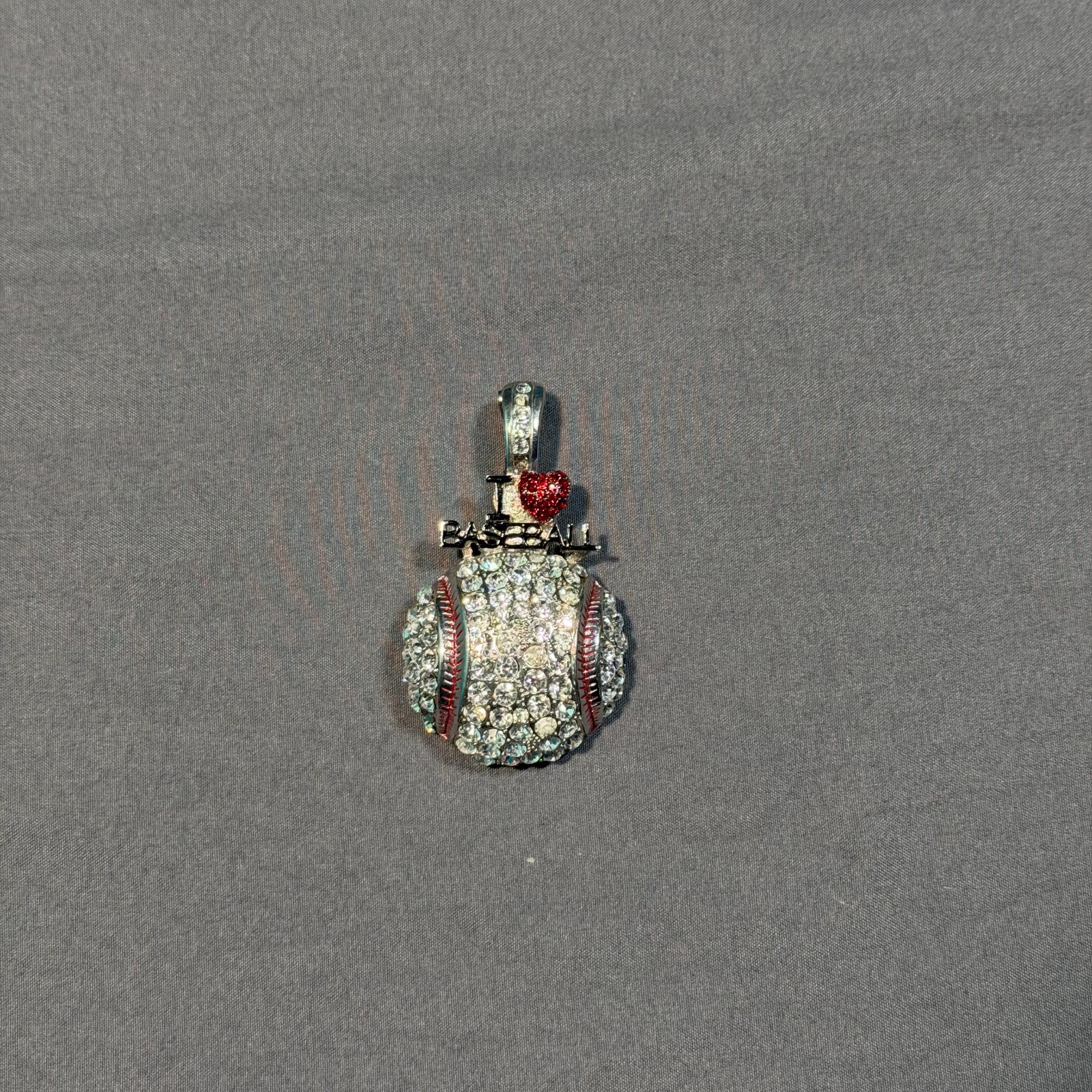 I Love Baseball Rhinestone Pendant Red Heart Crystal Silver Tone Sports Charm