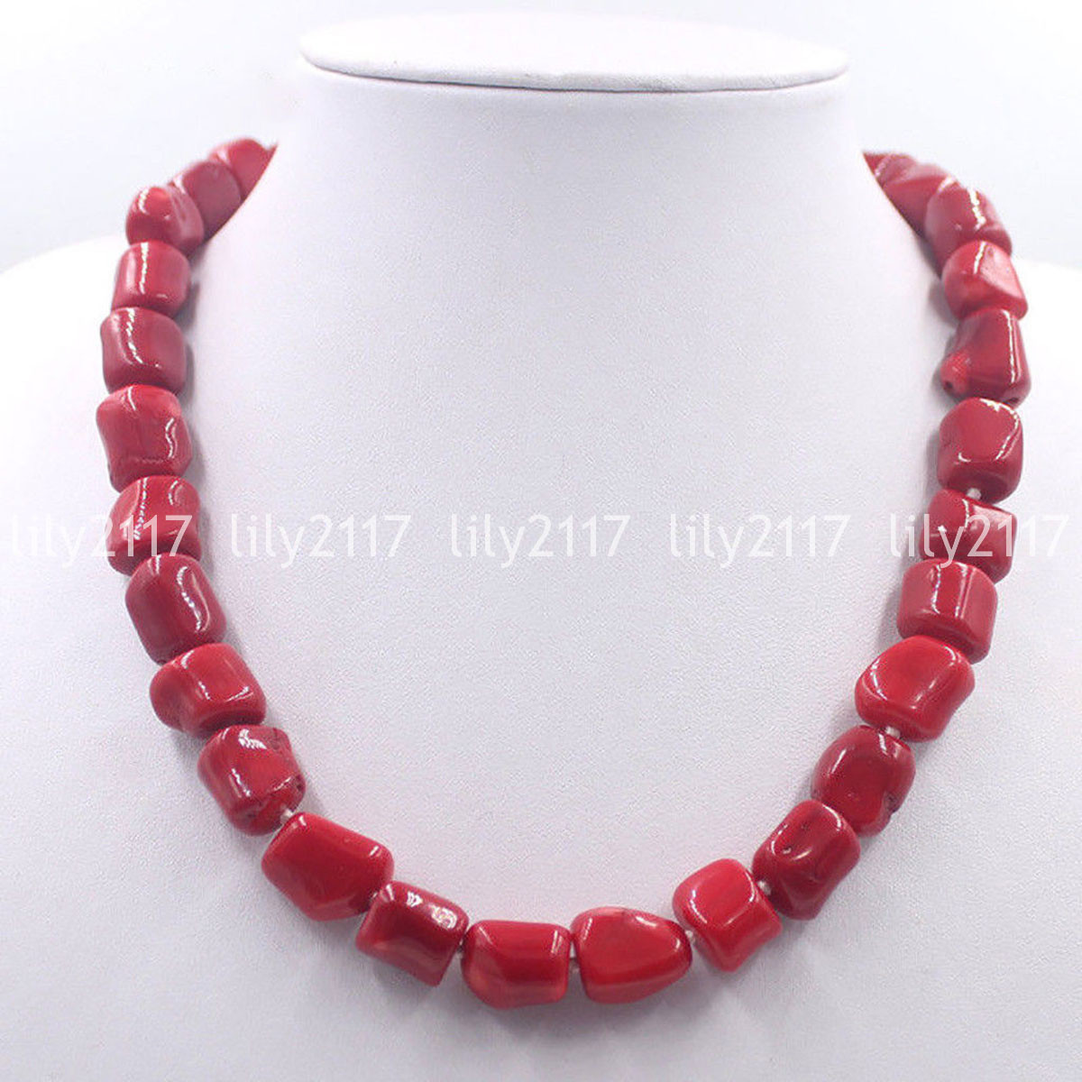 Natural Freeform Red Coral Irregular Barrel Cylinder Gemstone Beads Necklace 18″