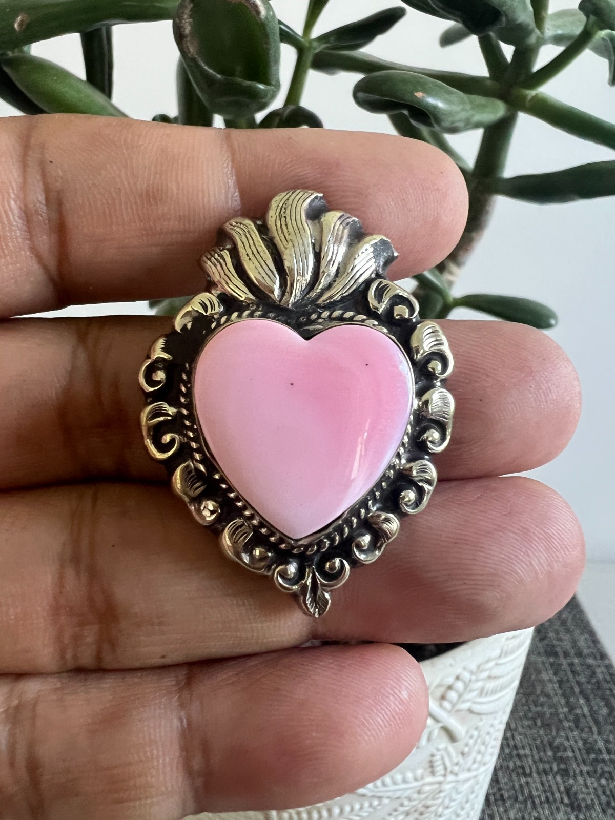Pink Conch Shell Pendant, Tibetan Repoussé Silver, Handcrafted Jewelry (P-195)